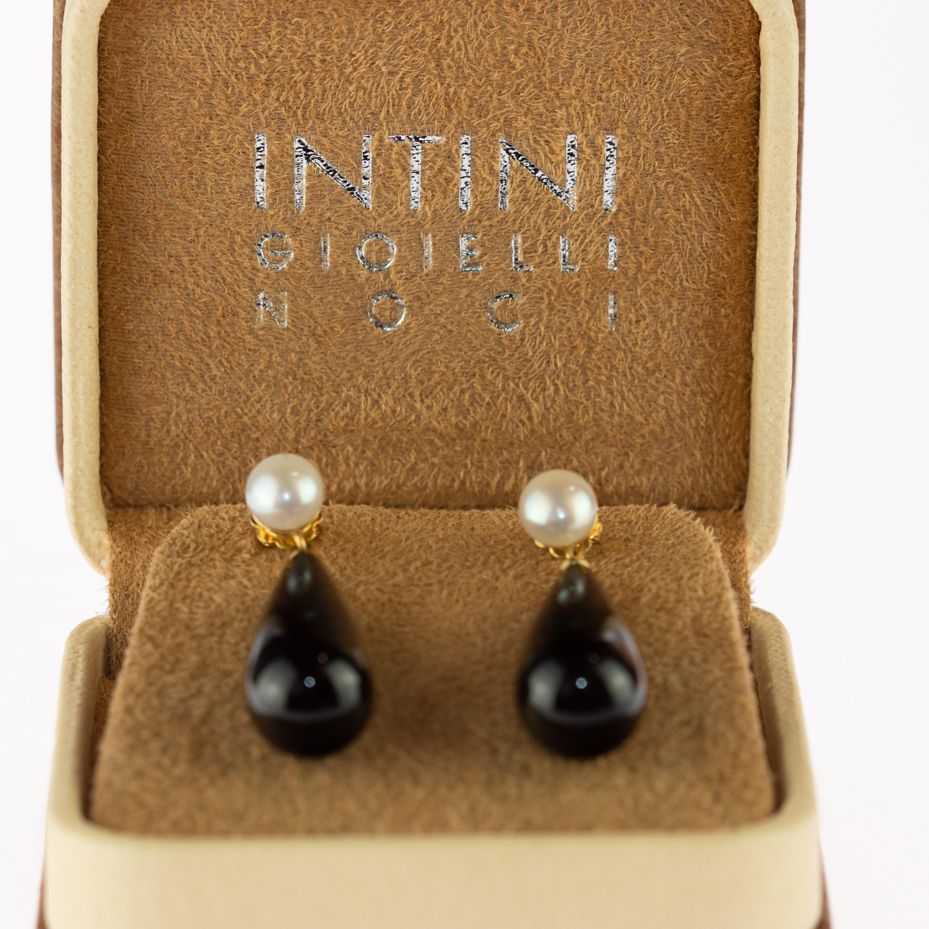 Art Nouveau Black Agate Freshwater Pearl 18 Karat Yellow Gold Stud Tear Drop Long Earrings