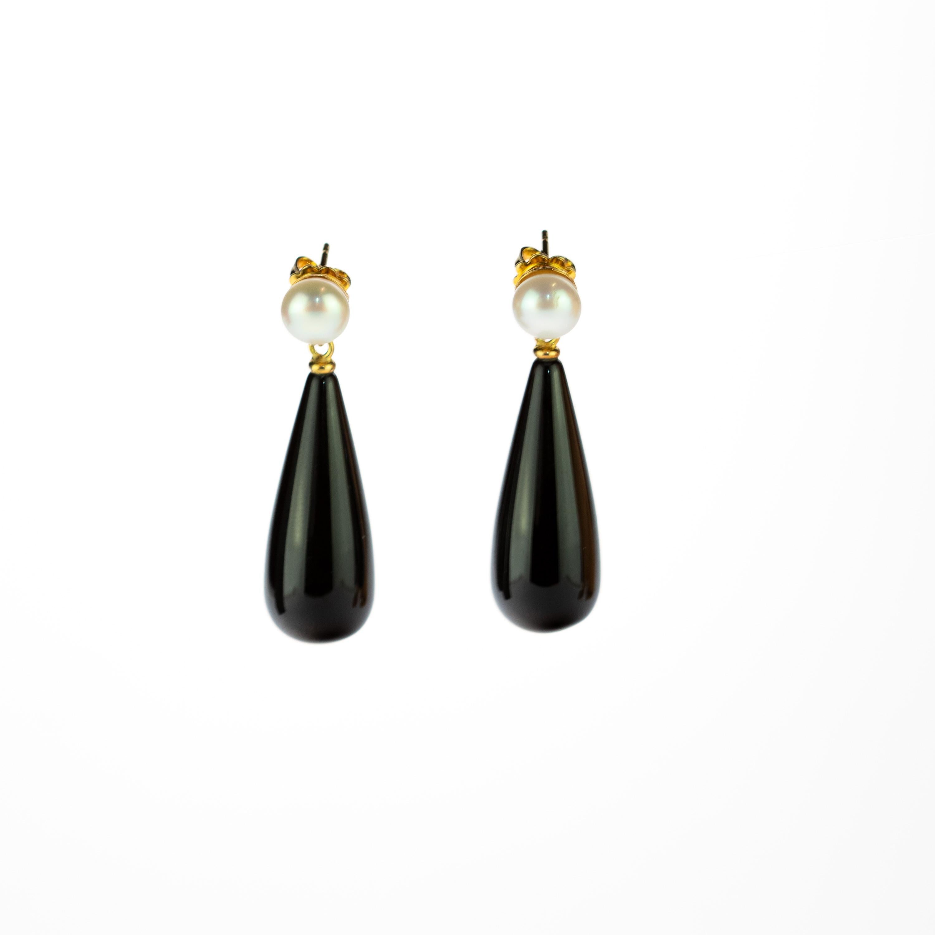 Black Agate Freshwater Pearl 18 Karat Yellow Gold Stud Tear Drop Long Earrings 1