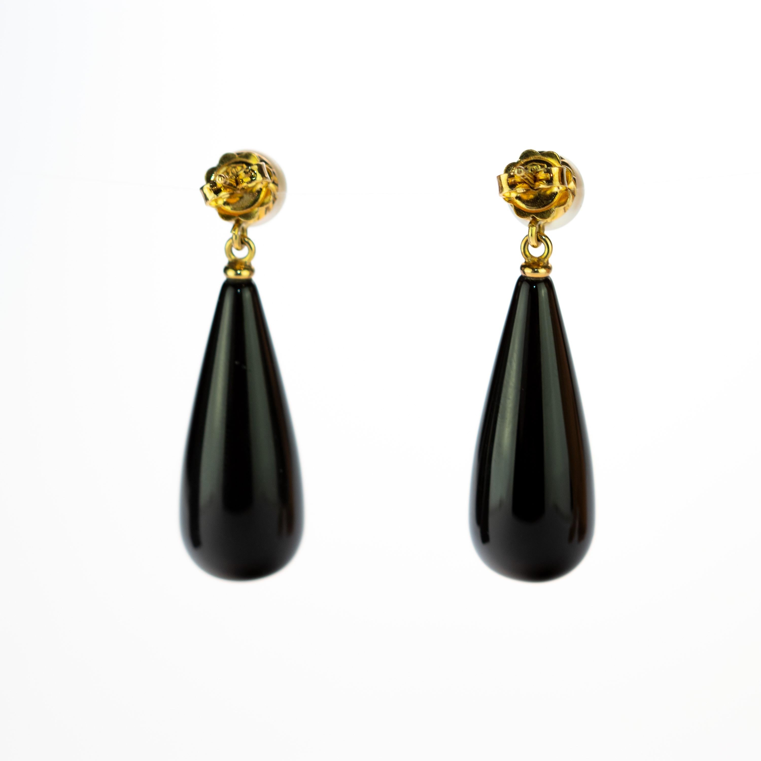 Black Agate Freshwater Pearl 18 Karat Yellow Gold Stud Tear Drop Long Earrings 2