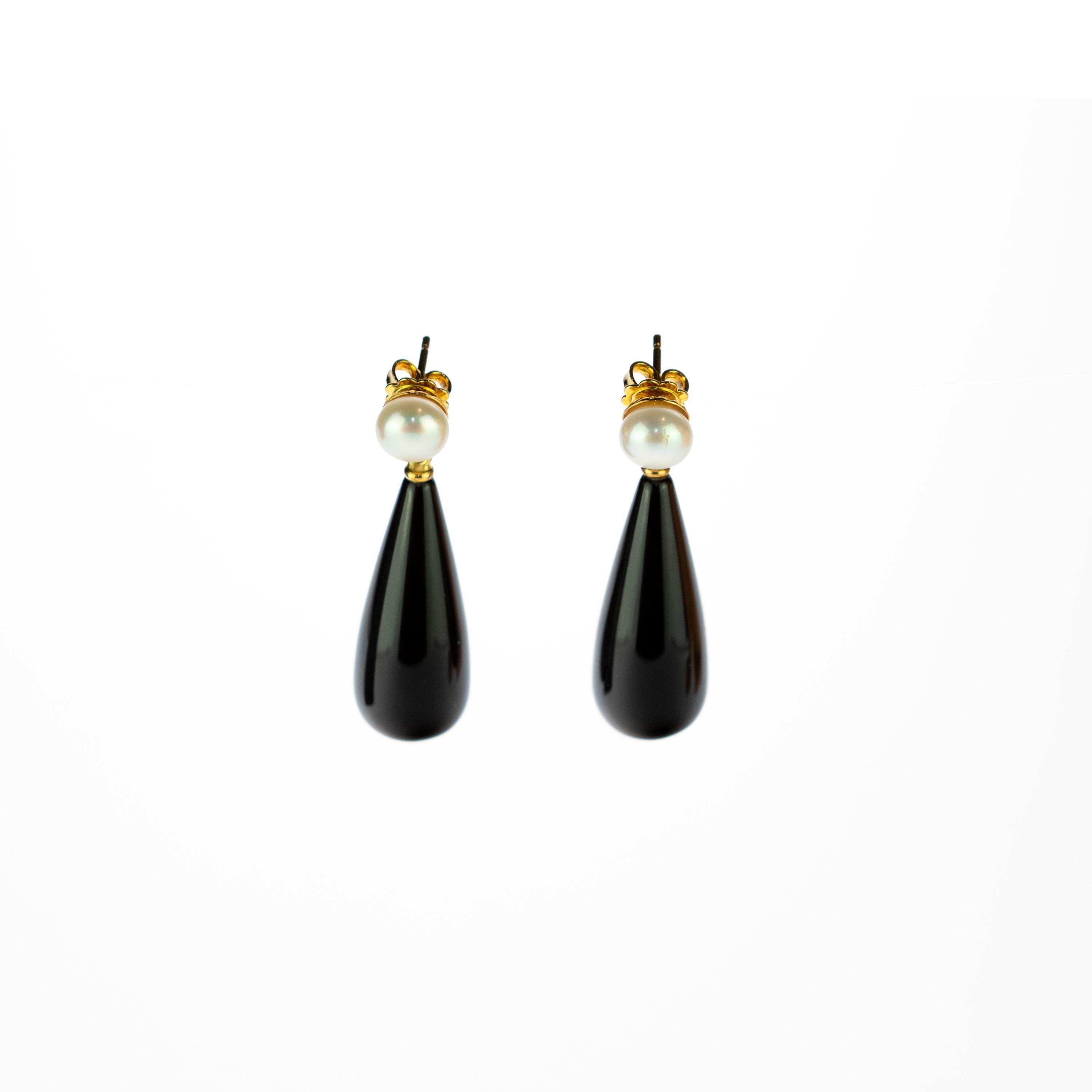 Black Agate Freshwater Pearl 18 Karat Yellow Gold Stud Tear Drop Long Earrings 3