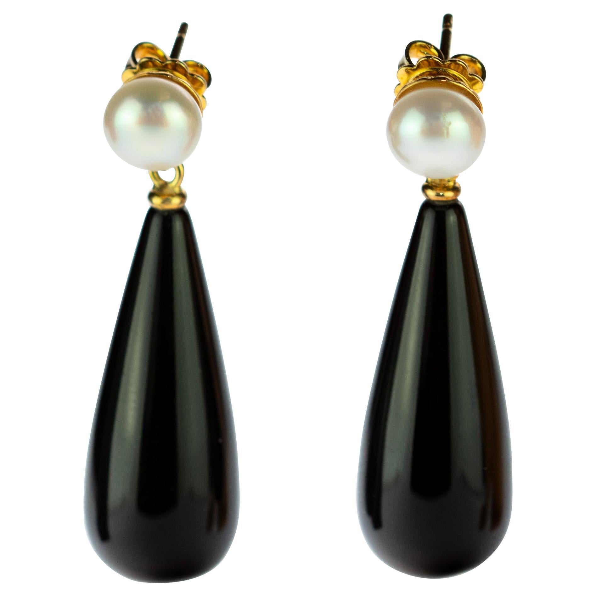 Black Agate Freshwater Pearl 18 Karat Yellow Gold Stud Tear Drop Long Earrings