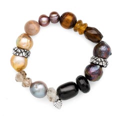 Black Agate, Gold Rutilated Quartz, Herkimer Diamond Bracelet in Sterling Silver