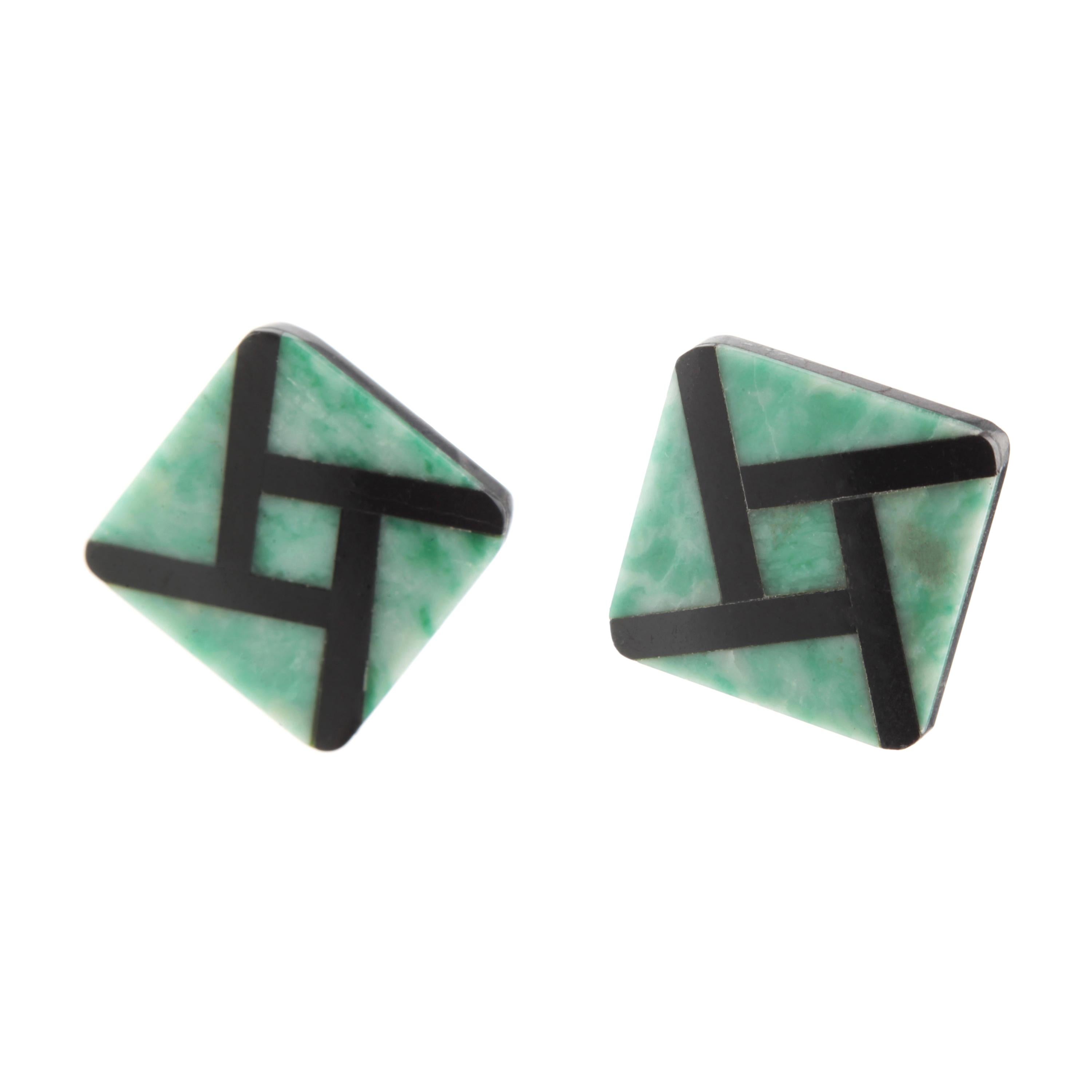 Quadratische geometrische Ohrstecker, Achat Grün Serpentin 14 Karat Gold