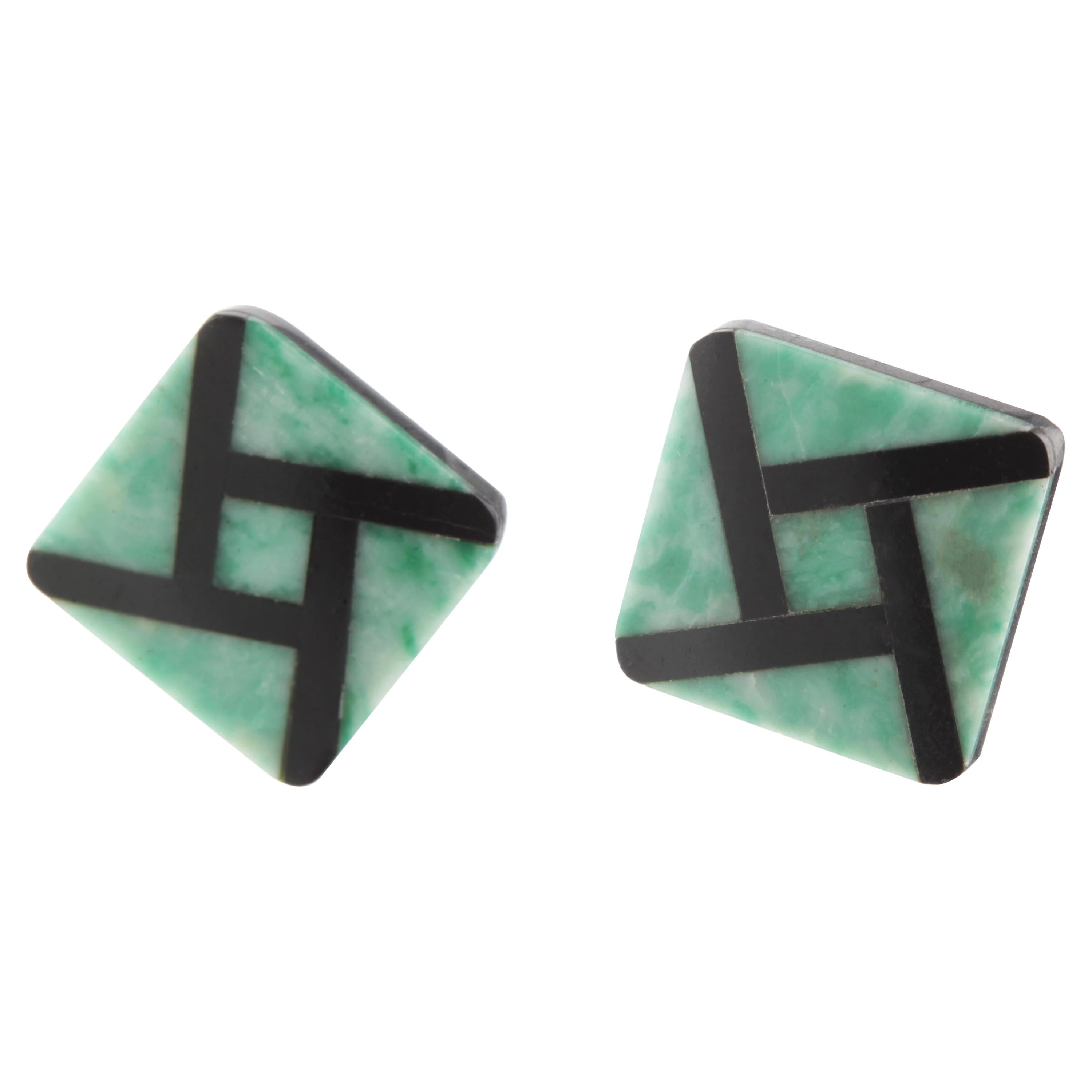 Quadratische geometrische Ohrstecker, Achat Grün Serpentin 18 Karat Gold