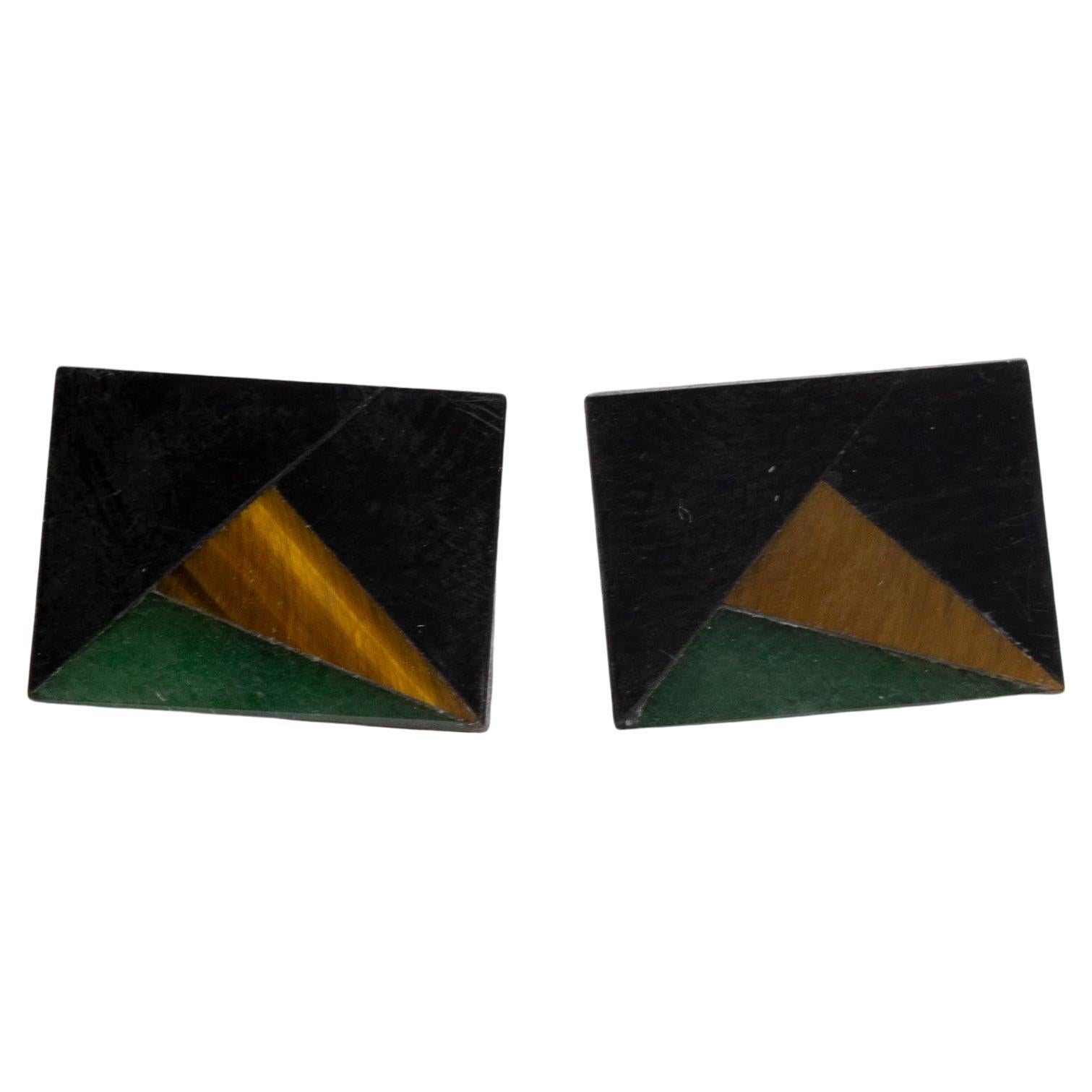 Black Agate Green Yellow Jasper 14 Karat Yellow Gold Stud Chic Boho Earrings For Sale at 1stDibs