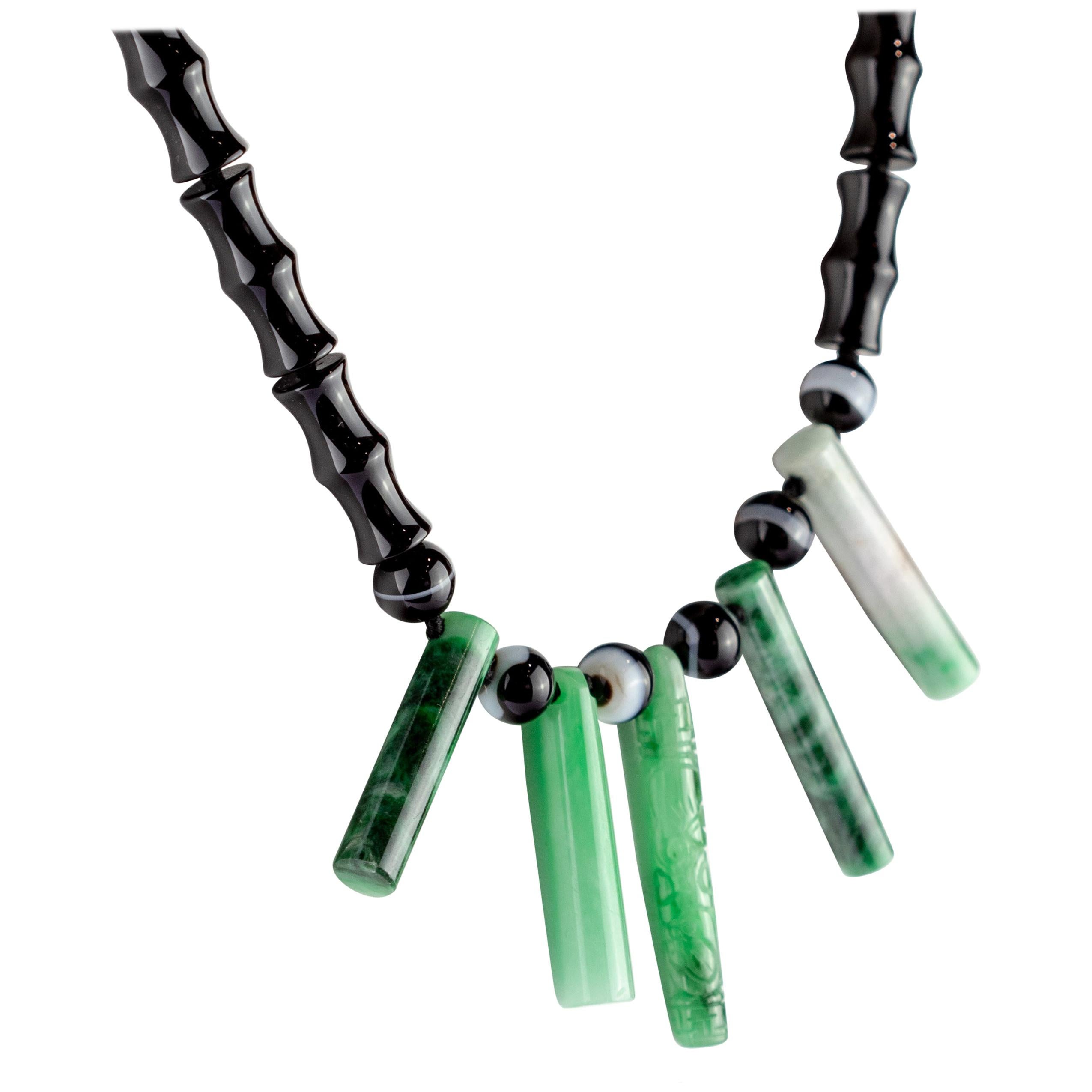 Black Agate Jade Stick Pendant 925 Sterling Silver Indian Deco Beaded Necklace For Sale