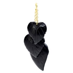 Black Agate Leaves Carved 18 Karat Gold Handmade Italian Pendant Summer Necklace