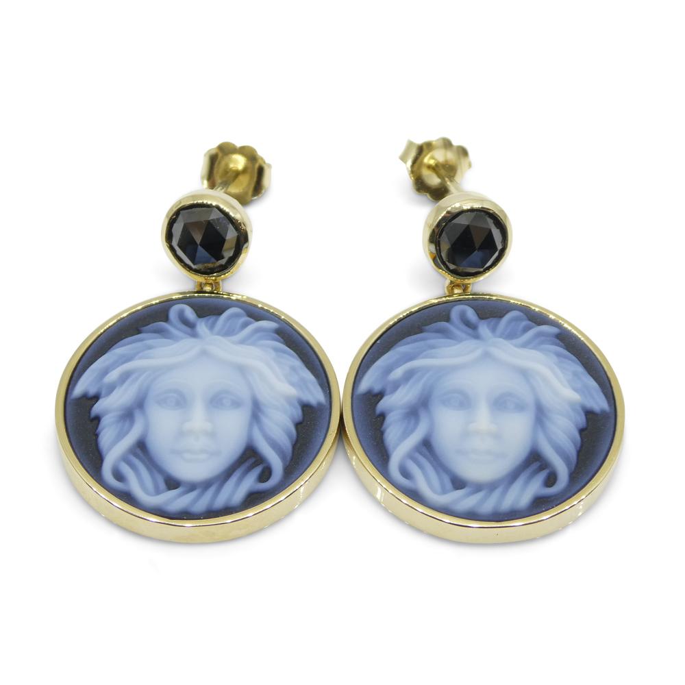 Black Agate Medusa Cameo Earrings with Rose Cut Black Diamonds set in 14k Yellow For Sale 5