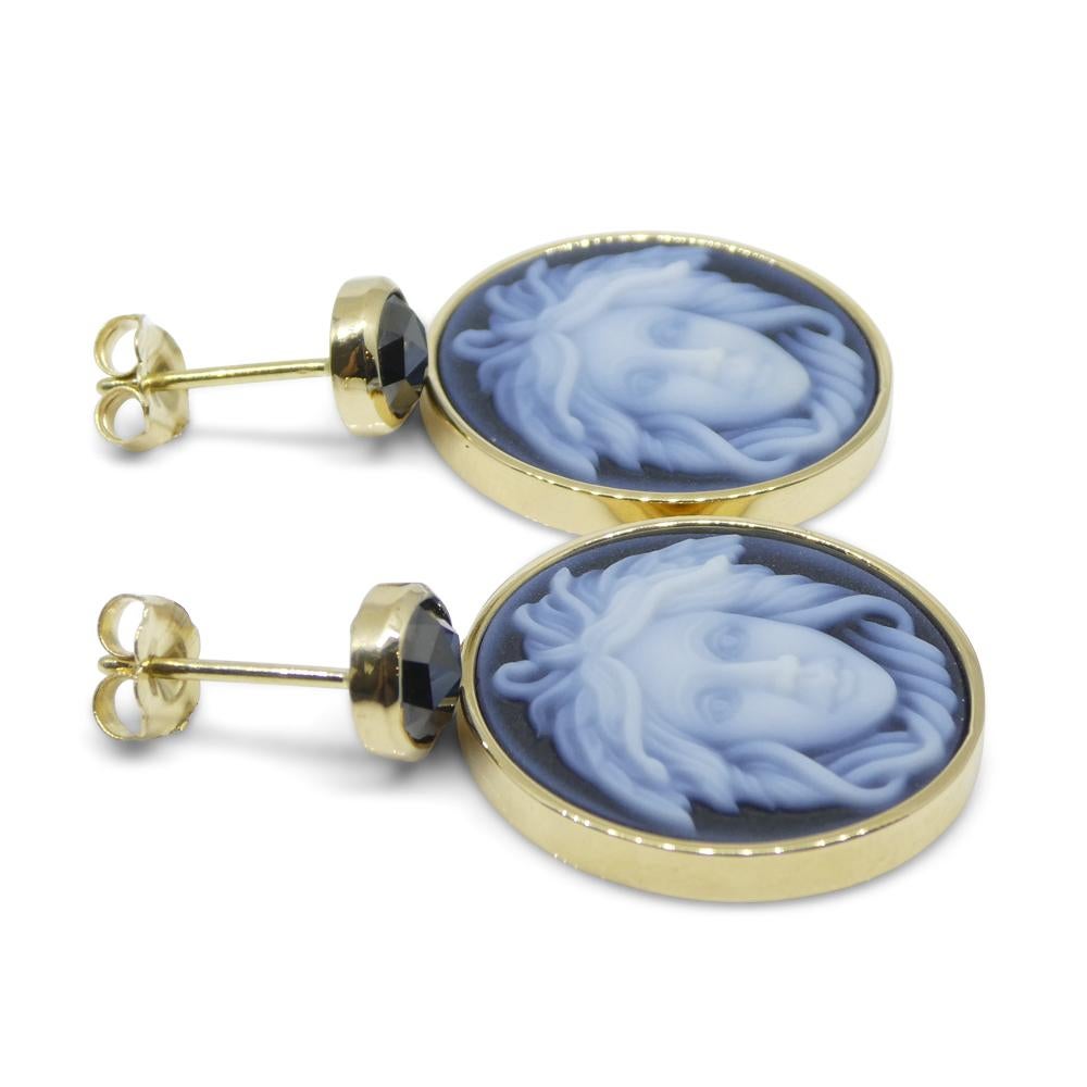 Black Agate Medusa Cameo Earrings with Rose Cut Black Diamonds set in 14k Yellow For Sale 6