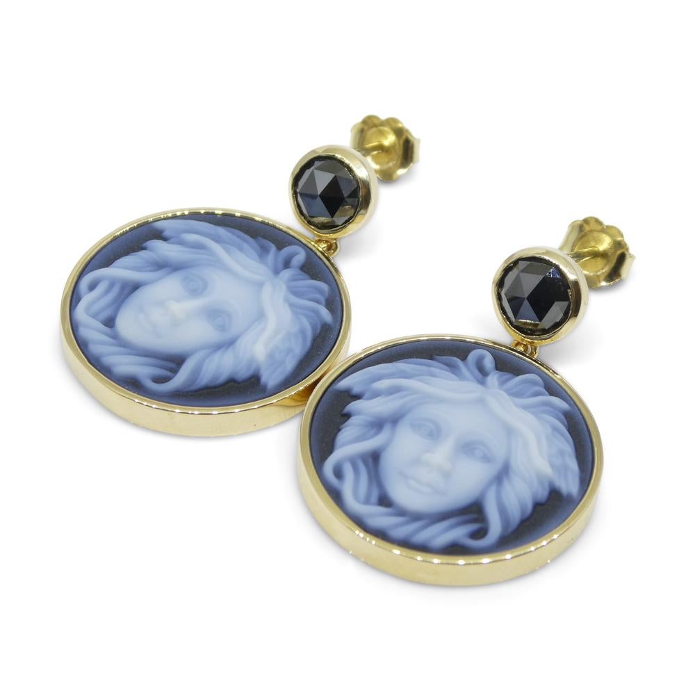 Black Agate Medusa Cameo Earrings with Rose Cut Black Diamonds set in 14k Yellow For Sale 8