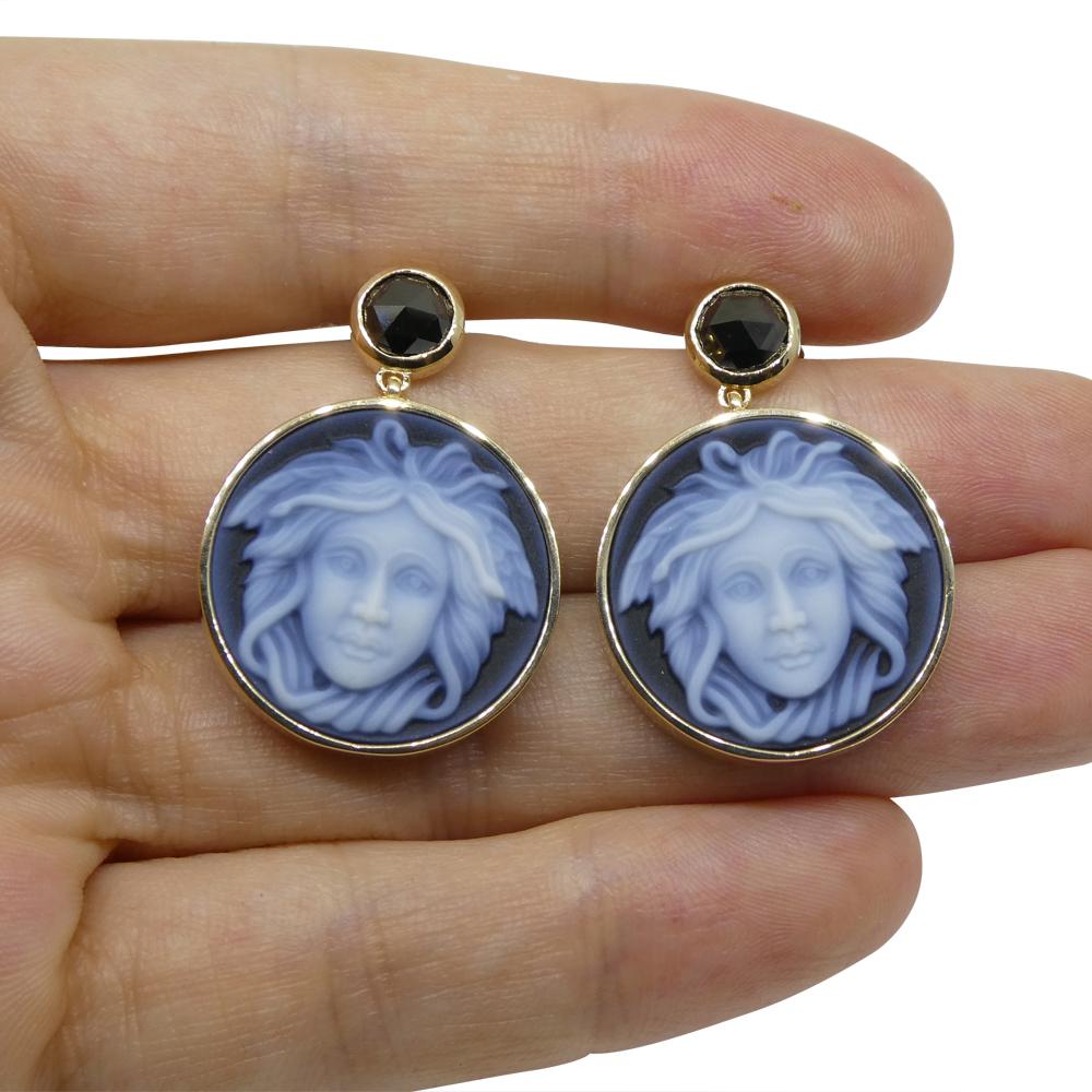 Contemporary Black Agate Medusa Cameo Earrings with Rose Cut Black Diamonds set in 14k Yellow For Sale