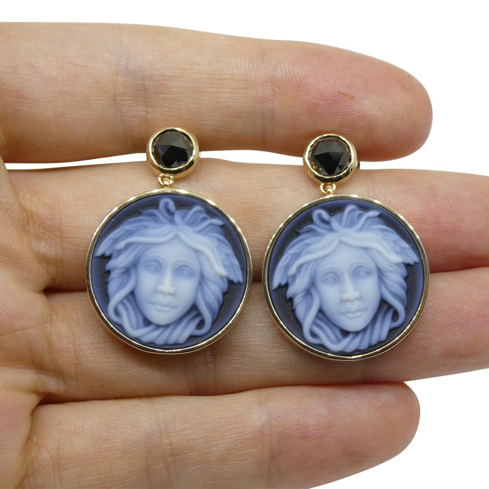 Black Agate Medusa Cameo Earrings with Rose Cut Black Diamonds set in 14k Yellow In New Condition For Sale In Toronto, Ontario
