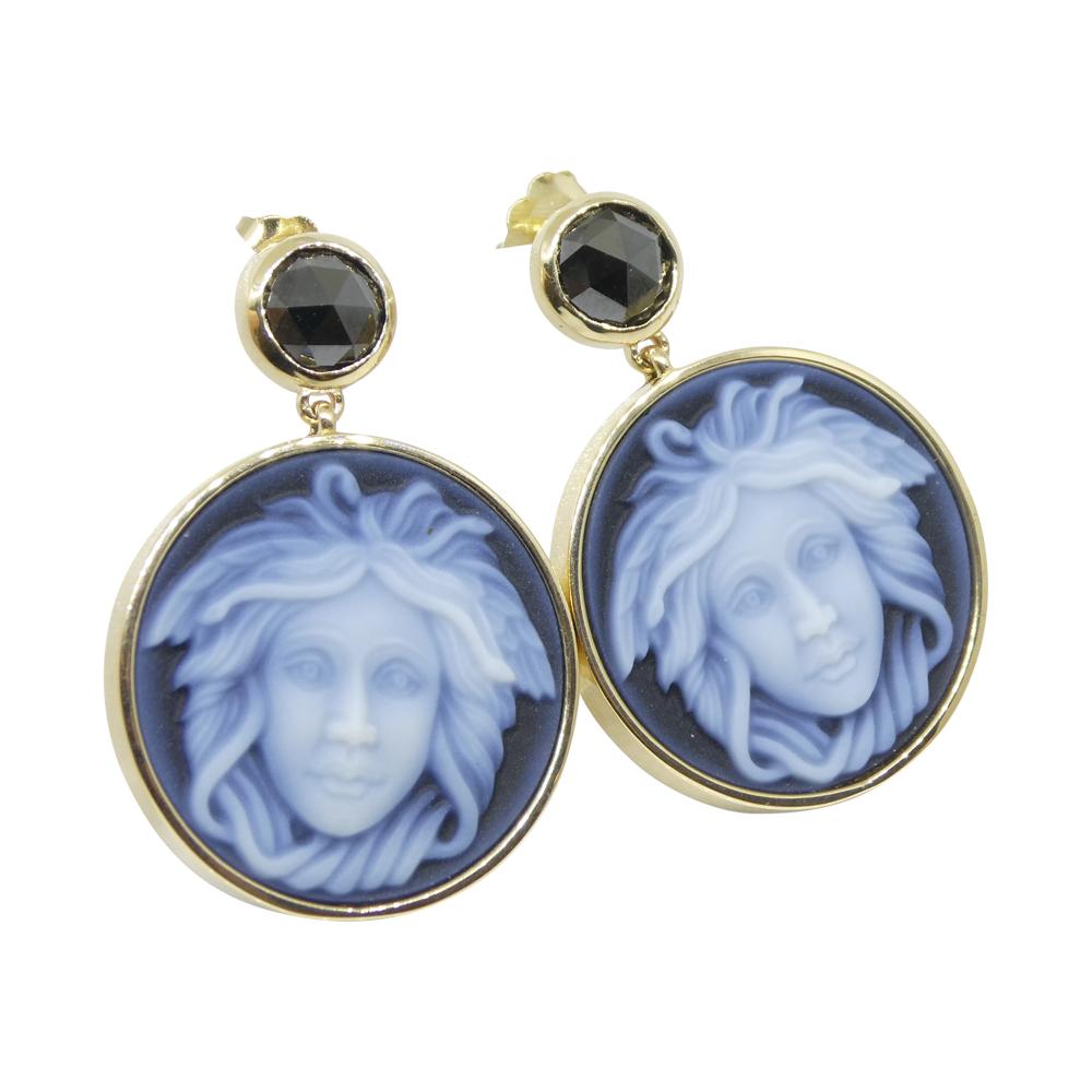 Black Agate Medusa Cameo Earrings with Rose Cut Black Diamonds set in 14k Yellow For Sale 1