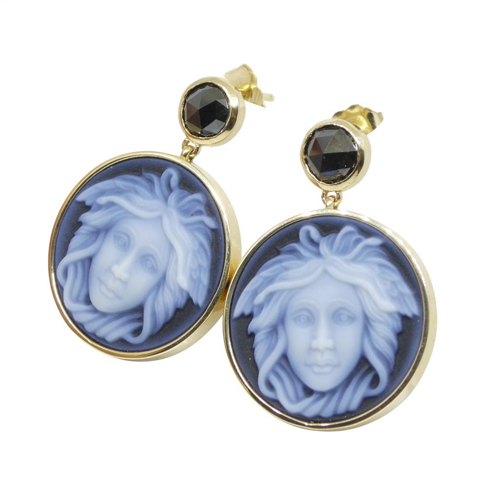 Black Agate Medusa Cameo Earrings with Rose Cut Black Diamonds set in 14k Yellow For Sale 2