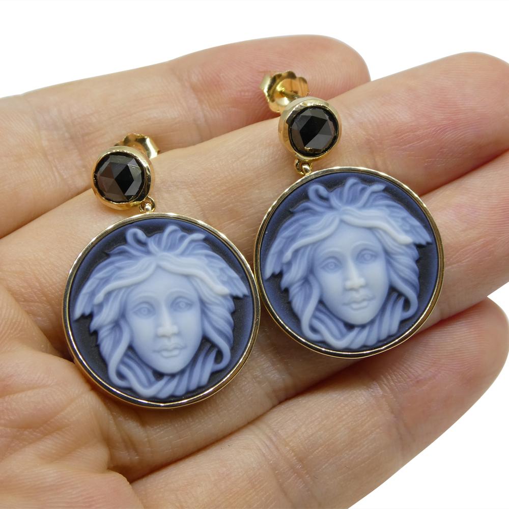 Black Agate Medusa Cameo Earrings with Rose Cut Black Diamonds set in 14k Yellow For Sale 3