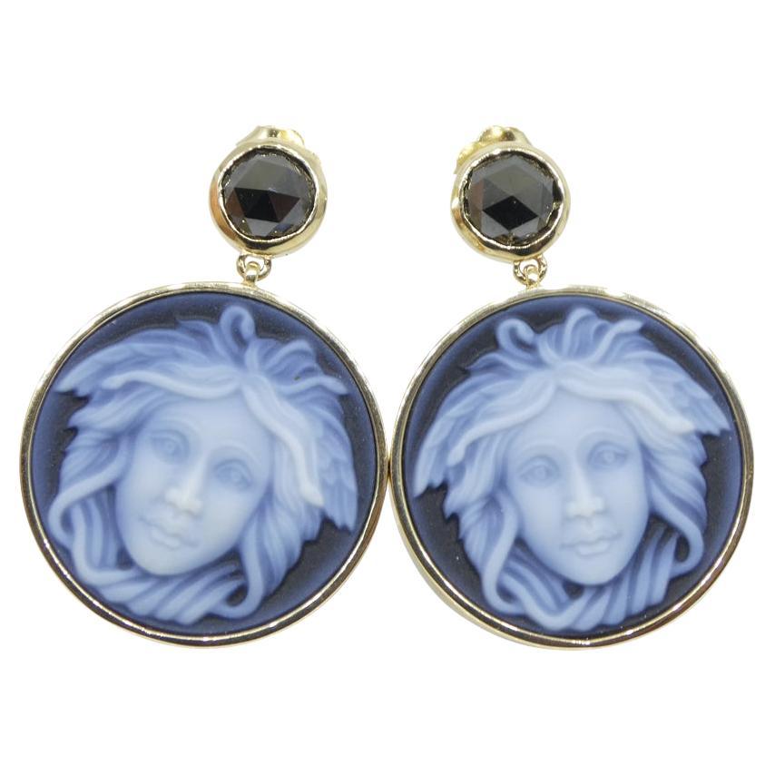 Black Agate Medusa Cameo Earrings with Rose Cut Black Diamonds set in 14k Yellow For Sale
