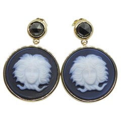 Black Agate Medusa Cameo Earrings with Rose Cut Black Diamonds set in 14k Yellow