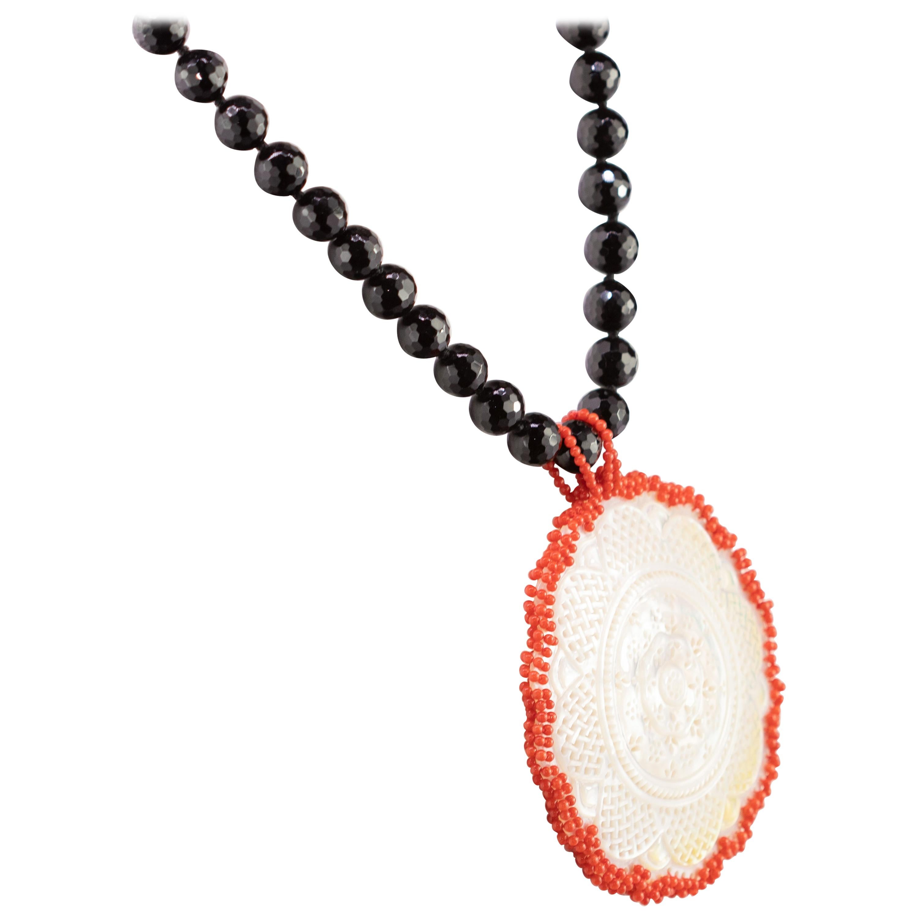 Black Agate Mother of Pearl Carved Medallion Natural Red Coral Handmade Necklace For Sale
