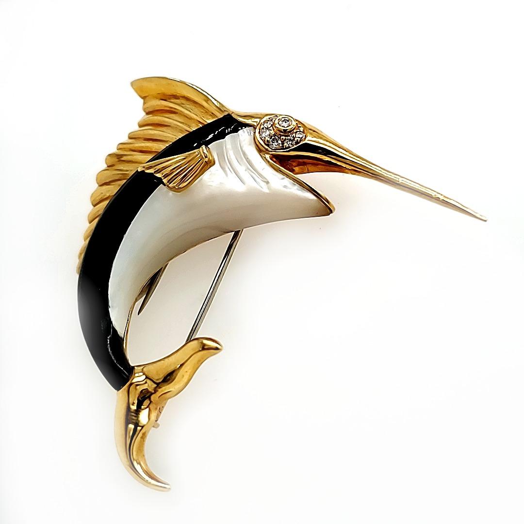 Contemporary Black Agate, Mother of Pearl, Swordfish Pin Crafted in 18 K Gold For Sale
