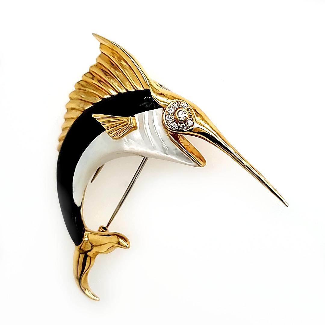 Mixed Cut Black Agate, Mother of Pearl, Swordfish Pin Crafted in 18 K Gold For Sale
