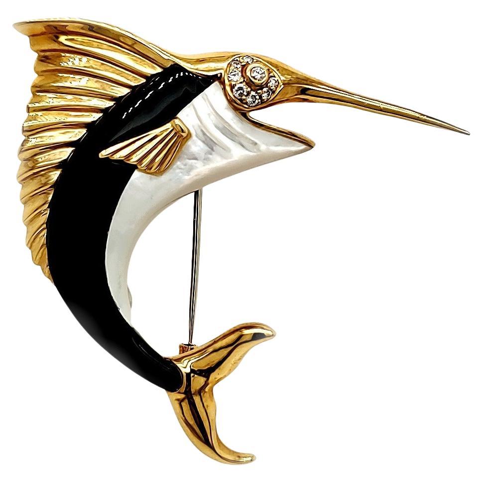 Black Agate, Mother of Pearl, Swordfish Pin Crafted in 18 K Gold For Sale
