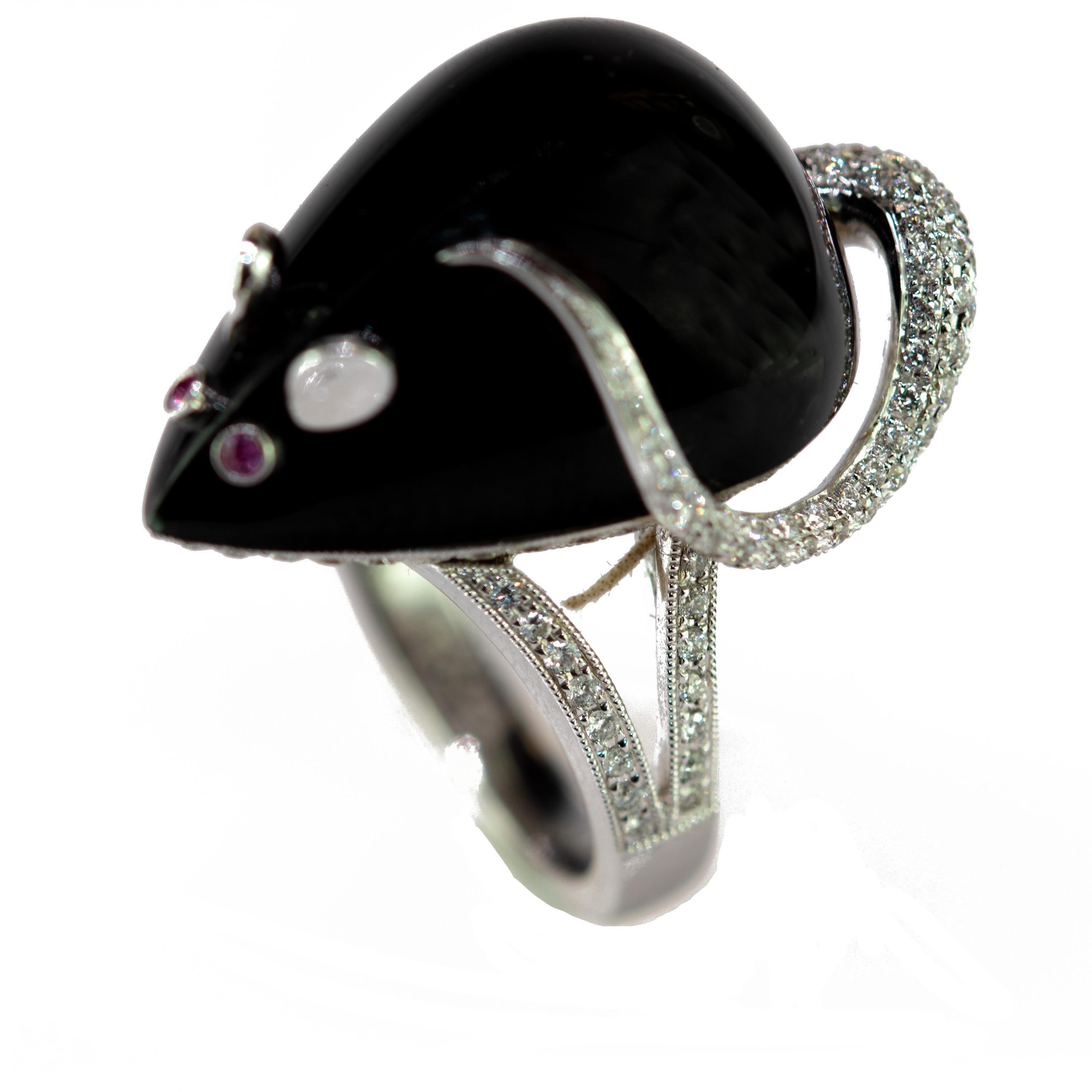 Art Nouveau Black Agate Mouse Diamond Ruby 18 Karat White Gold Animal Rat Handcraft Ring