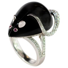 Black Agate Mouse Diamond Ruby 18 Karat White Gold Animal Rat Handcraft Ring