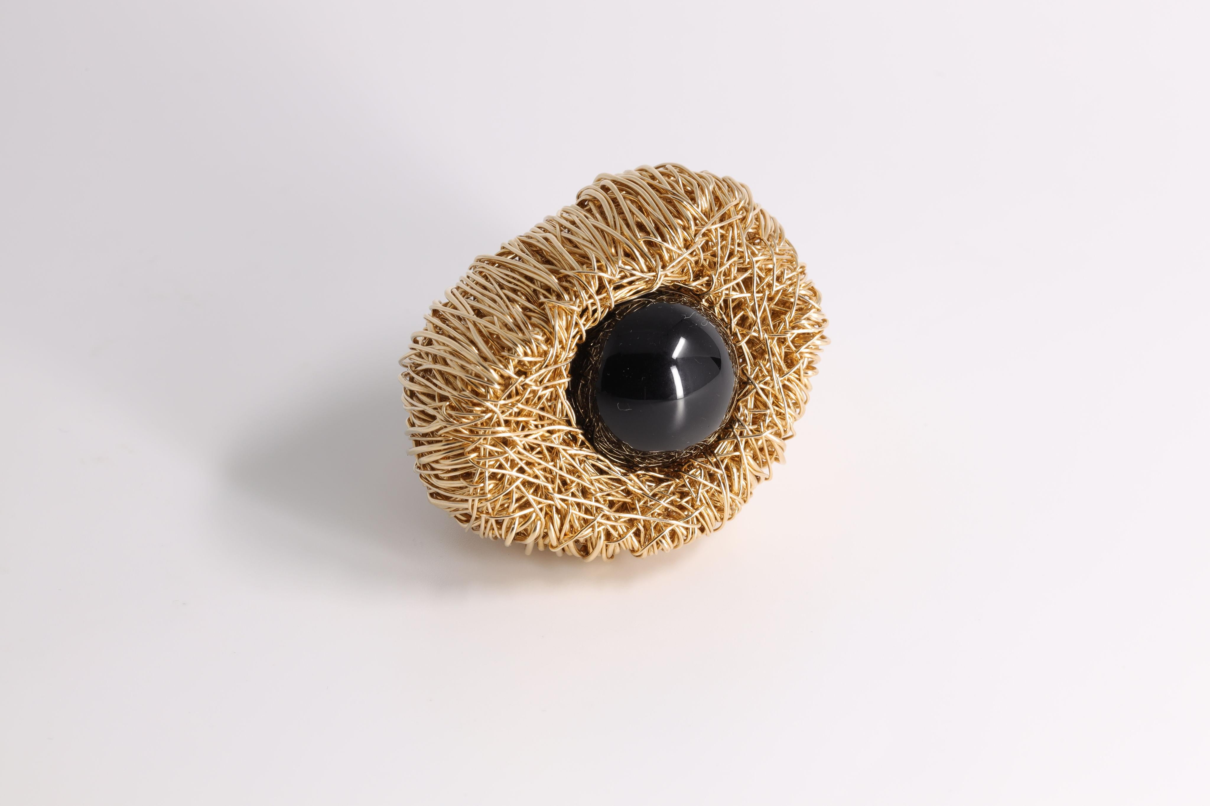 Round Cut Statement Ring by the Artist with Black Agate in 14 kt Yellow Gold Filled Design