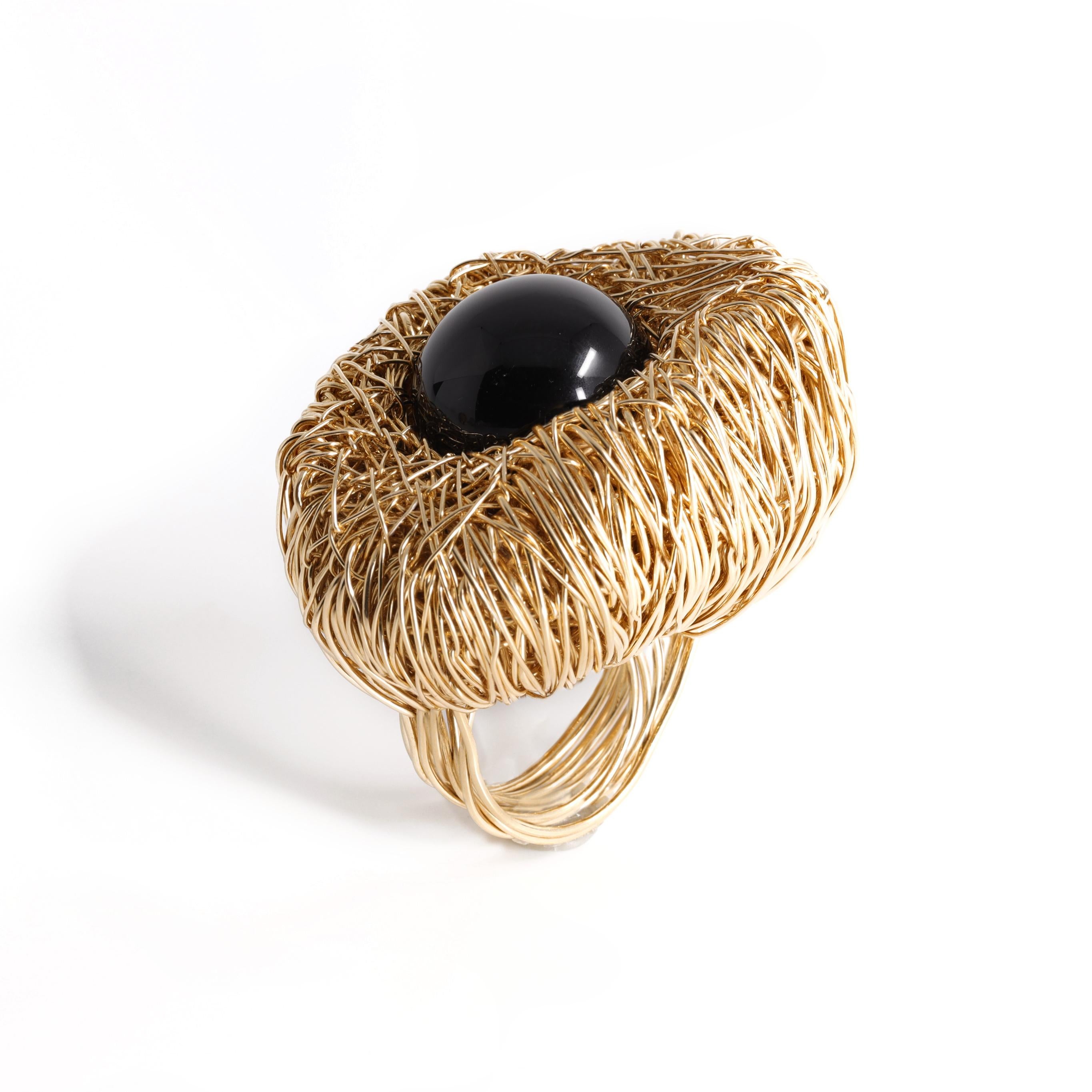 Women's or Men's Statement Ring by the Artist with Black Agate in 14 kt Yellow Gold Filled Design