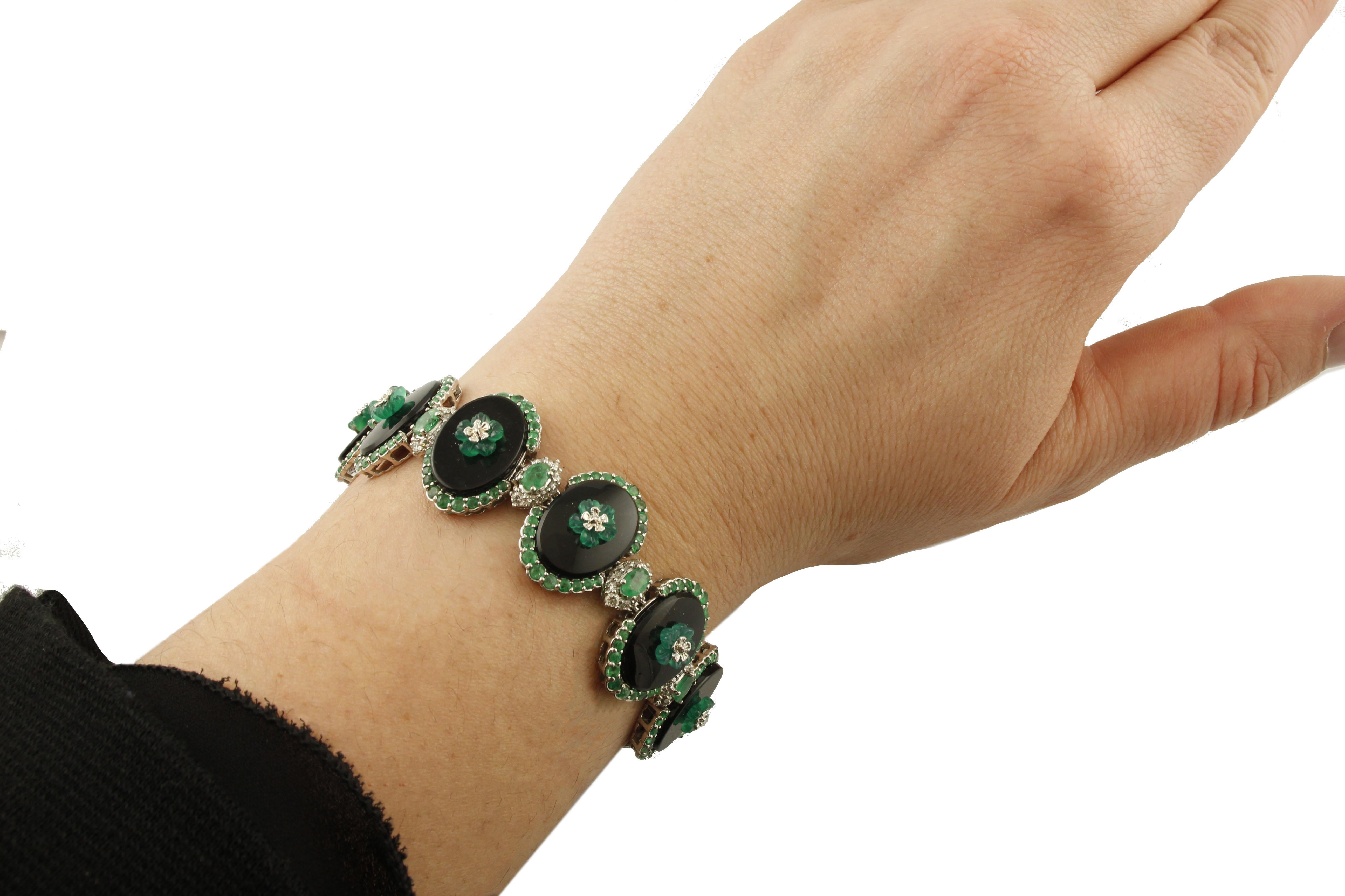Retro Black Agate Ovals, Green Agate Flowers, Emeralds, Diamonds, White Gold Bracelet For Sale