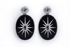 Black Agate Plate With Pave Diamonds Star And Oval Green Tourmaline Drop Earring