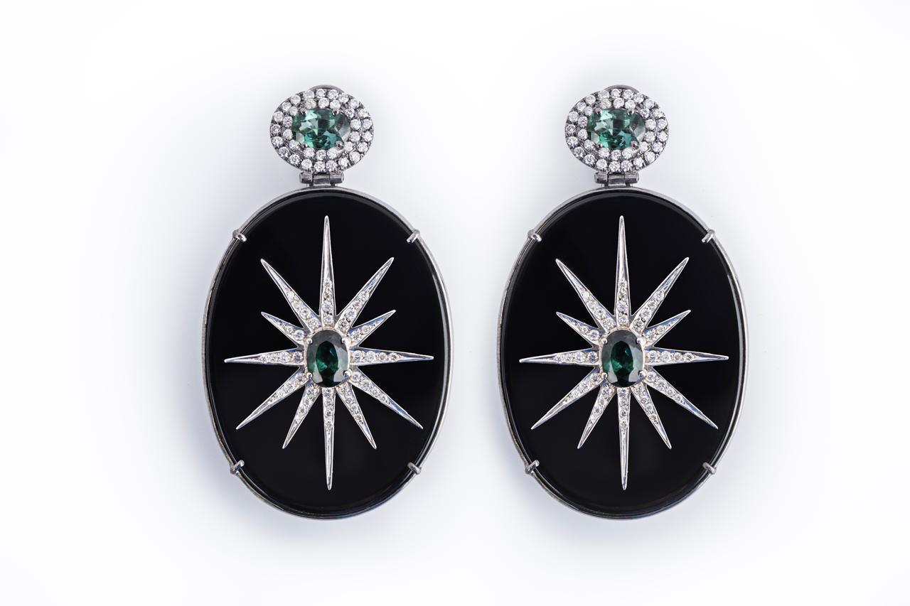Oval Cut Black Agate Plate With Pave Diamonds Star And Oval Green Tourmaline Drop Earring For Sale