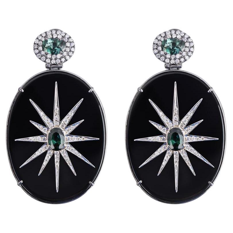 Black Agate Plate With Pave Diamonds Star And Oval Green Tourmaline Drop Earring For Sale