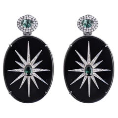 Black Agate Plate With Pave Diamonds Star And Oval Green Tourmaline Drop Earring
