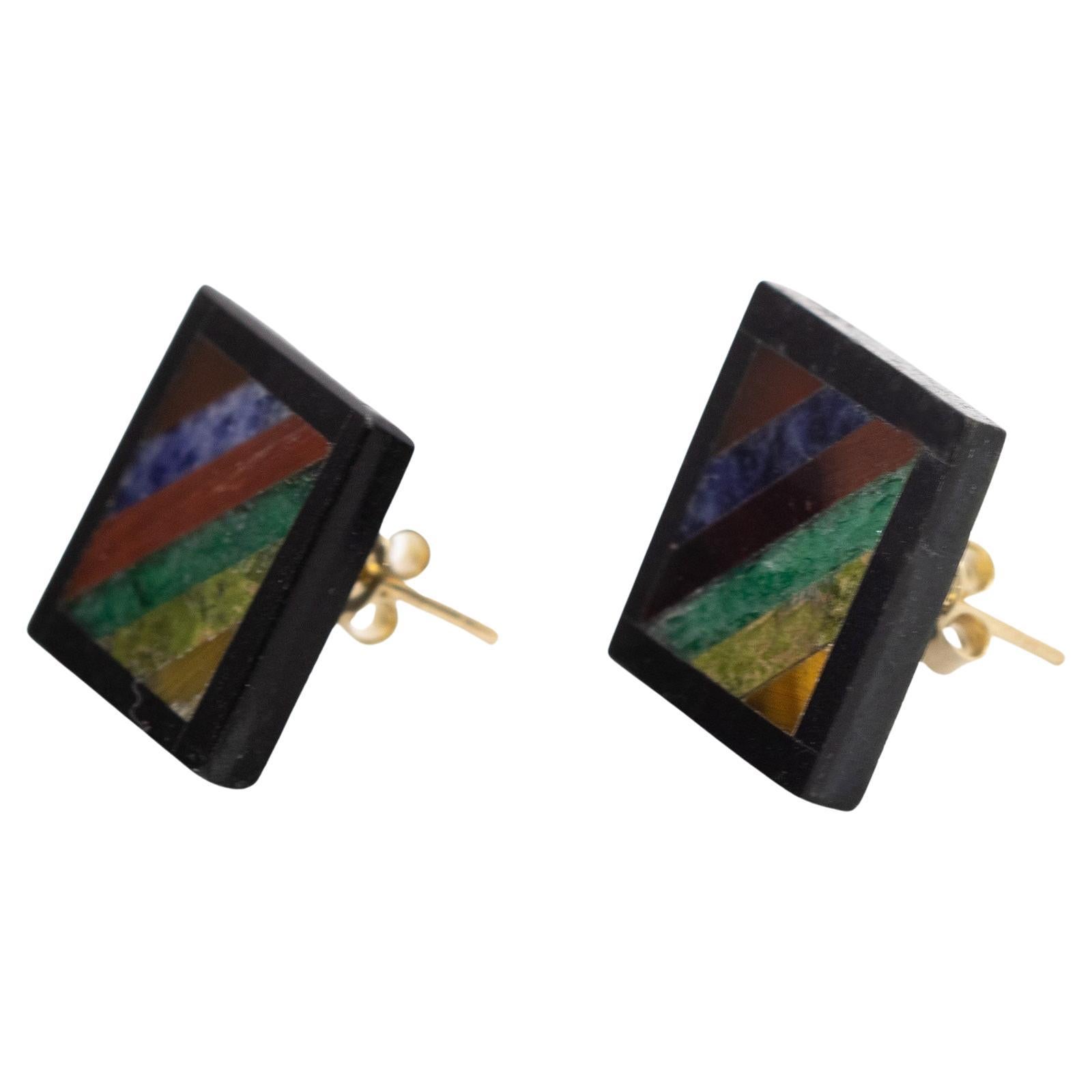 Black Agate Rainbow Jasper 14 Karat Yellow Gold Stud Chic Boho Artisan Earrings For Sale