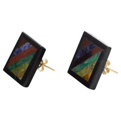 Black Agate Rainbow Jasper 14 Karat Yellow Gold Stud Chic Boho Artisan Earrings