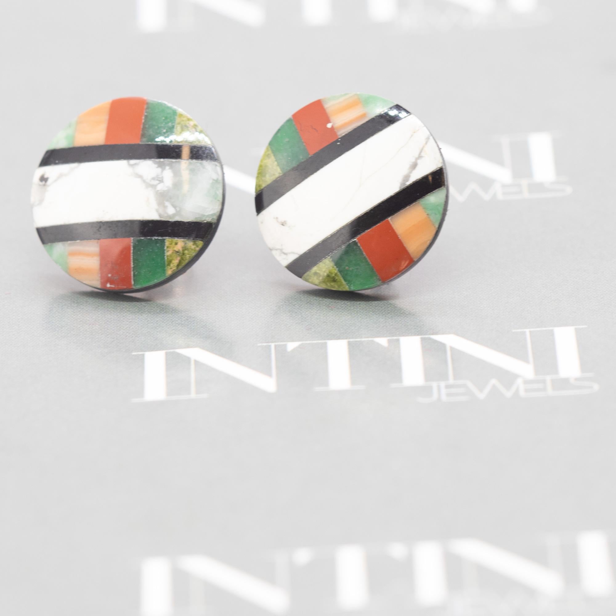Pendientes de Ágata Negra Arco Iris Jaspe Redondo Oro 14 Kilates Stud Cocktail Chic Retro en venta