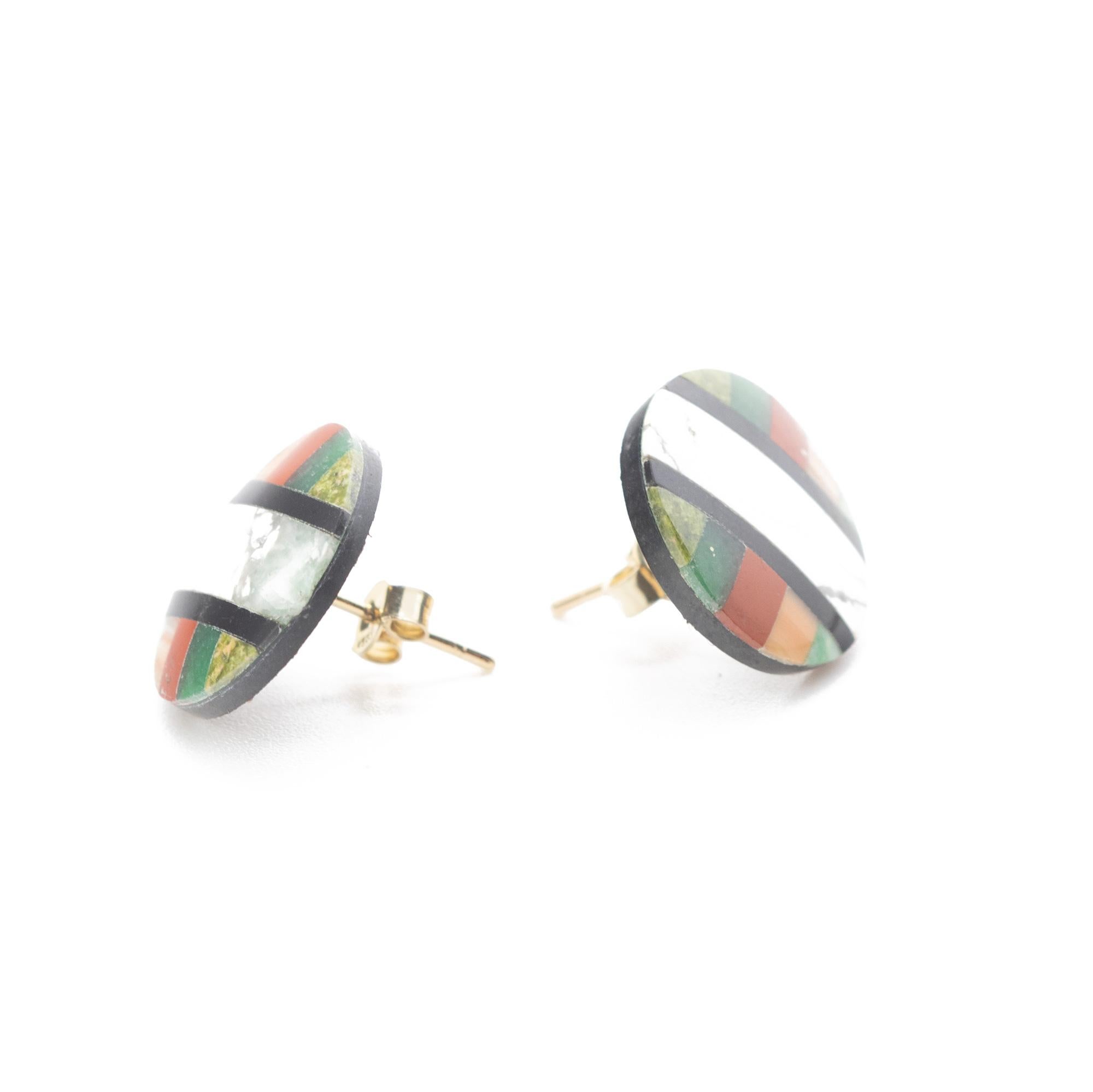 Femenino o masculino Pendientes de Ágata Negra Arco Iris Jaspe Redondo Oro 14 Kilates Stud Cocktail Chic en venta