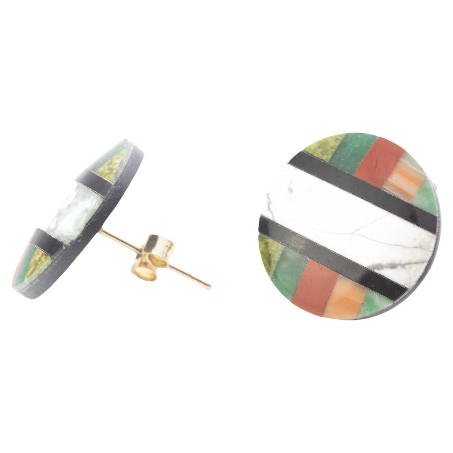 Orecchini da cocktail chic in oro 14 carati con perno in agata nera arcobaleno e diaspro rotondo