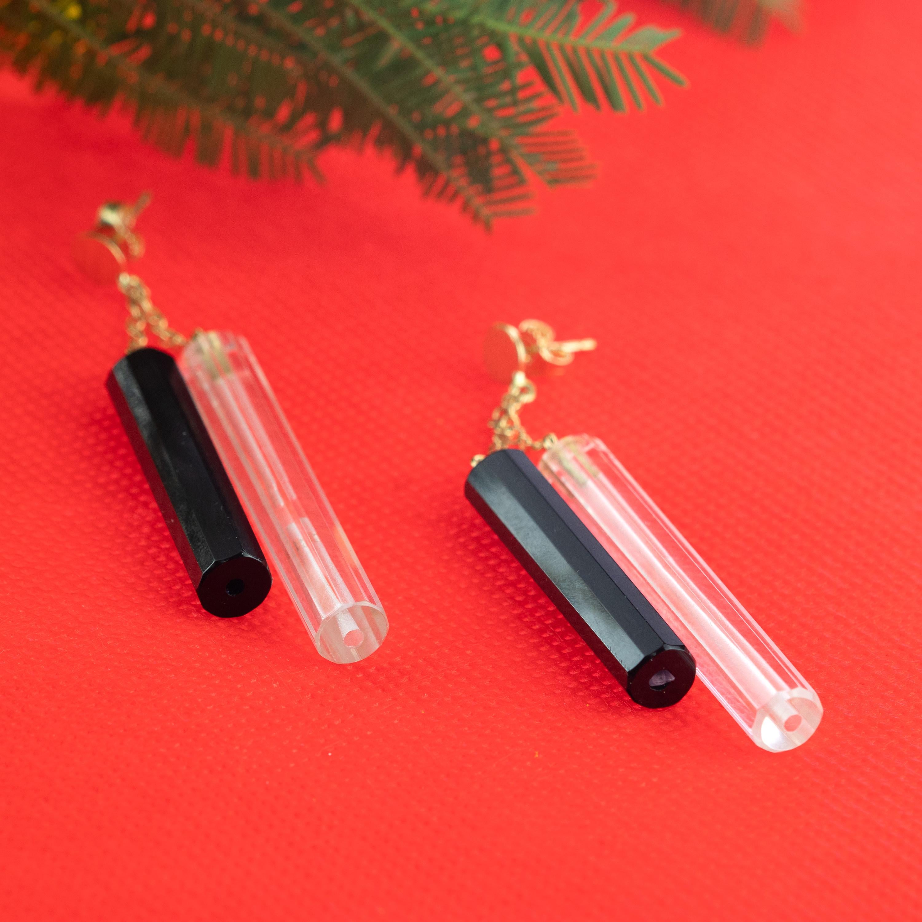 Donna Tubi di cristallo di rocca di agata nera in oro giallo 18 carati Orecchini pendenti in vendita