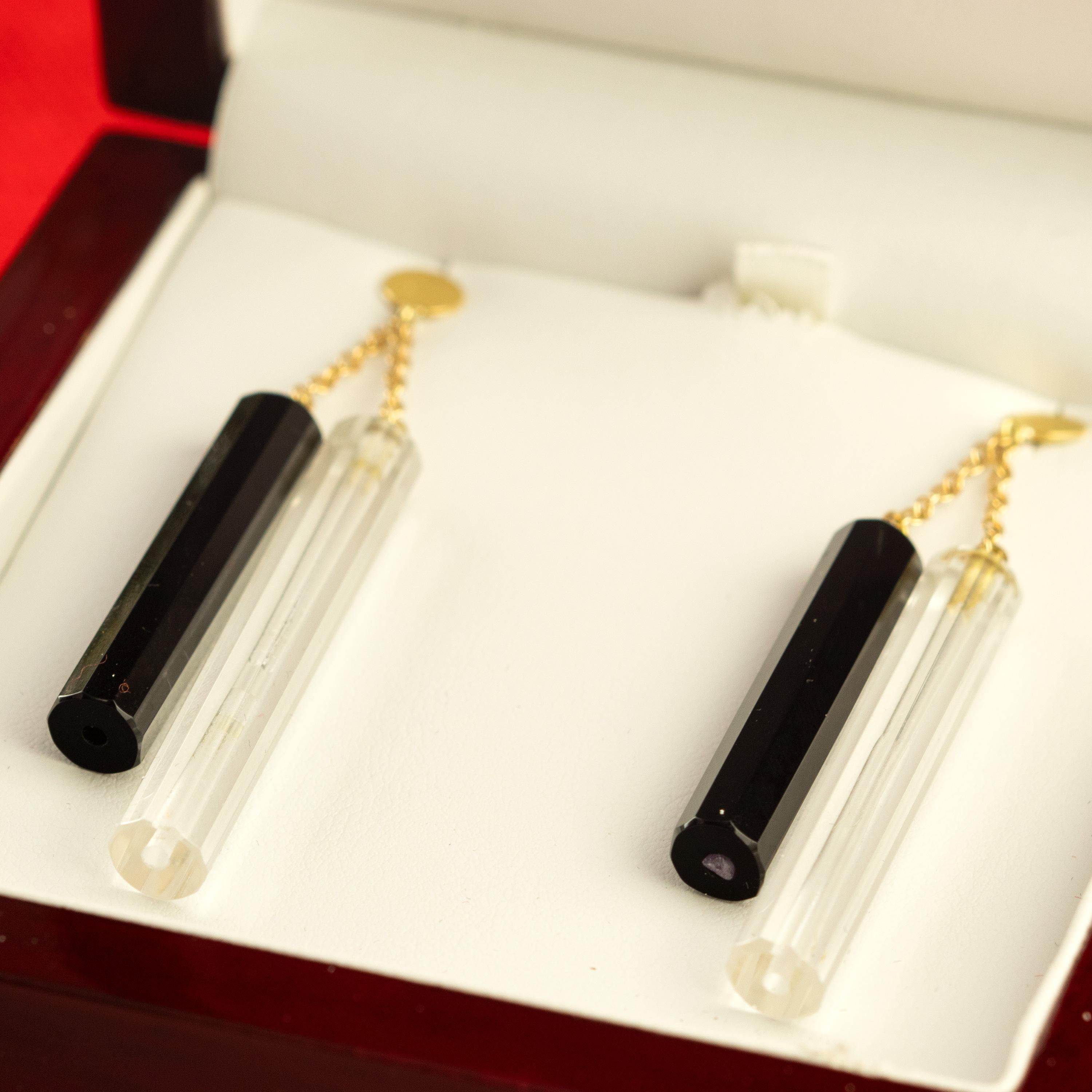 Tubi di cristallo di rocca di agata nera in oro giallo 18 carati Orecchini pendenti in vendita 1