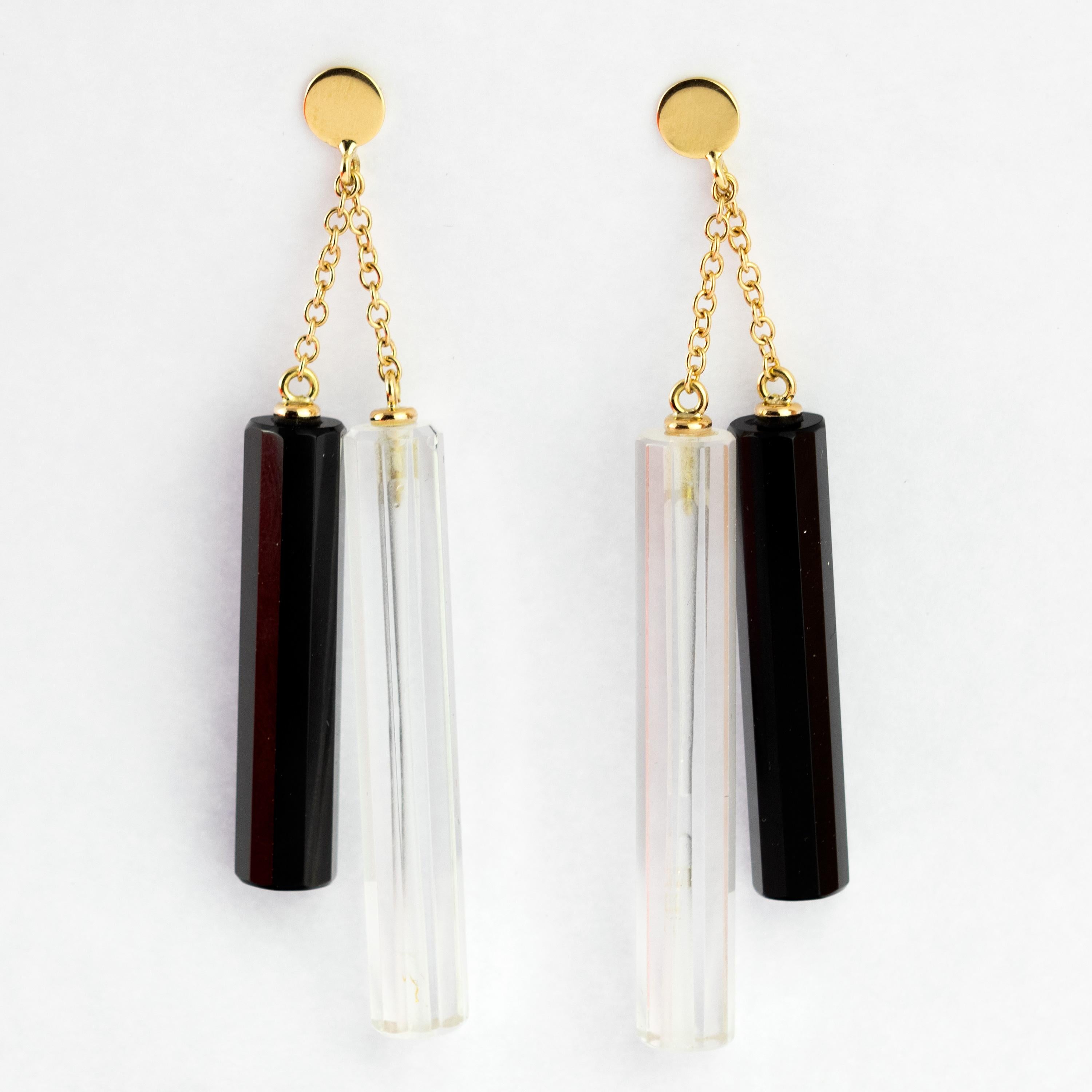 Tubi di cristallo di rocca di agata nera in oro giallo 18 carati Orecchini pendenti in vendita 3