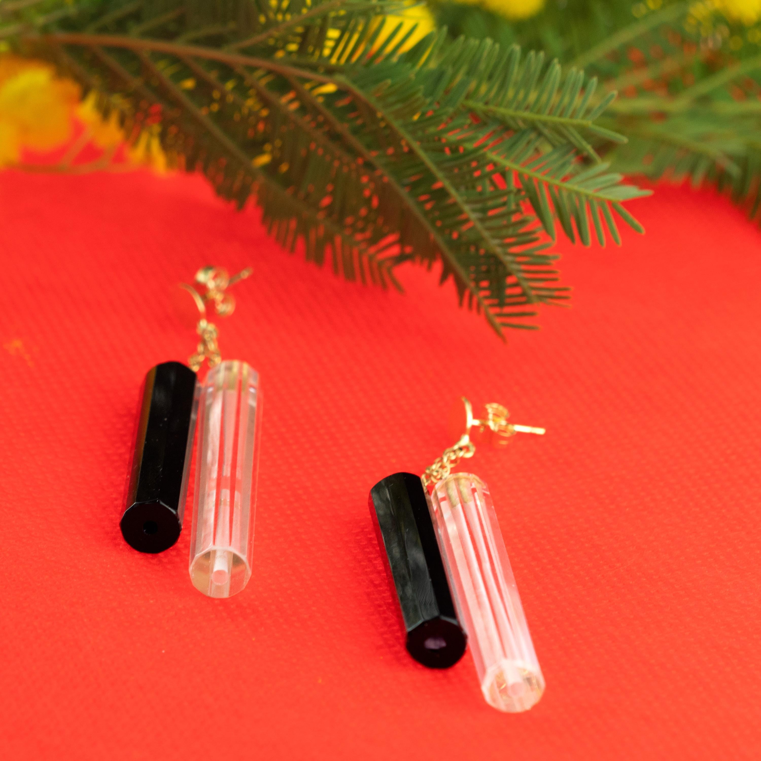 Tubi di cristallo di rocca di agata nera in oro giallo 18 carati Orecchini pendenti in vendita 4