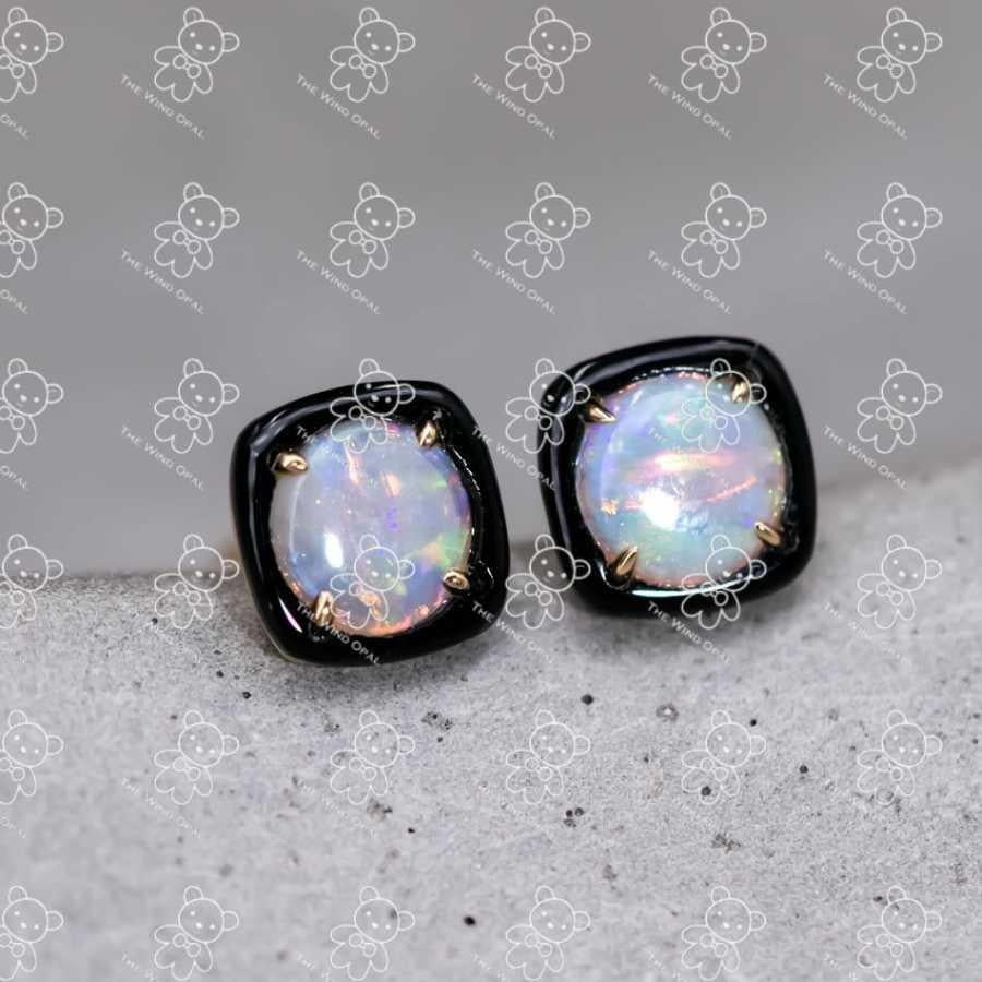 Arts and Crafts Black Agate Round Australian Solid Opal Stud Earrings 18K Yellow Gold