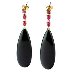 Intini Jewels Black Agate Ruby 18 Karat Yellow Gold Teardrop Long Craft Earrings