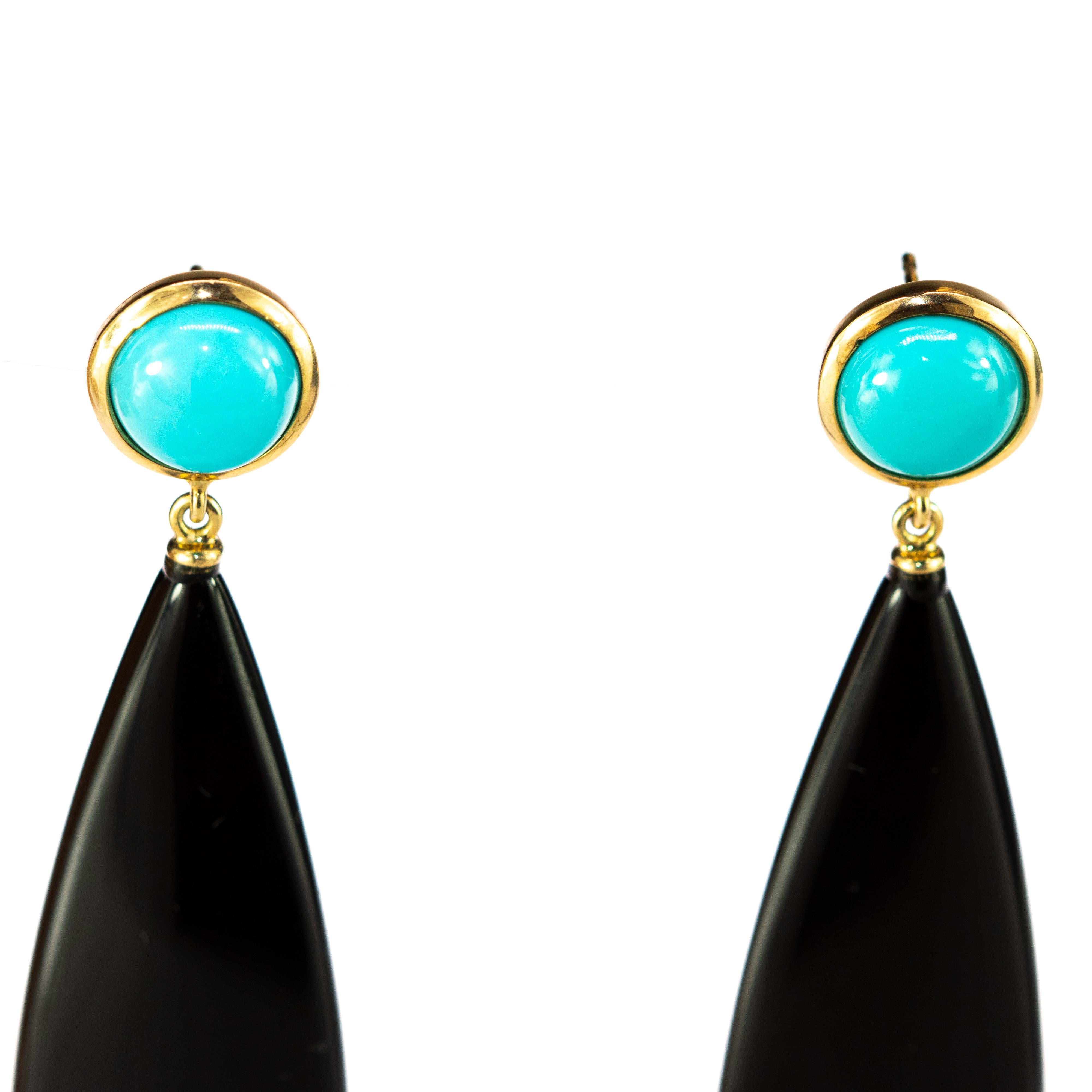 Art Nouveau Orecchini lunghi a goccia in agata nera e turchese in oro giallo 18 carati Chandelier in vendita