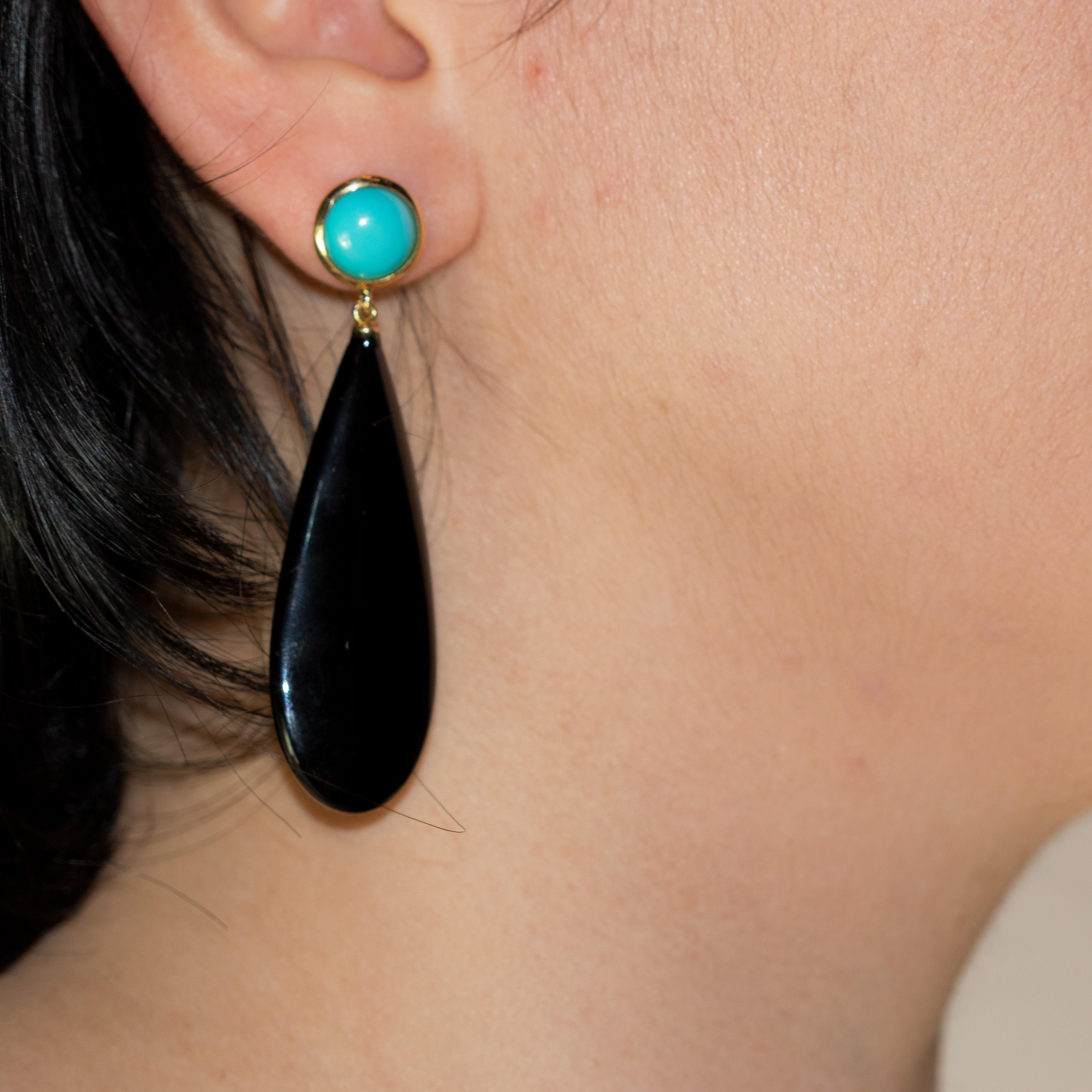 Orecchini lunghi a goccia in agata nera e turchese in oro giallo 18 carati Chandelier in vendita 1