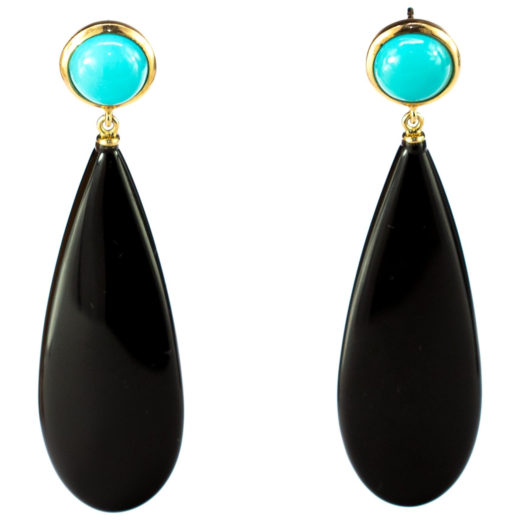 Black Agate Turquoise 18 Karat Yellow Gold Chandelier Tear Drop Long Earrings For Sale