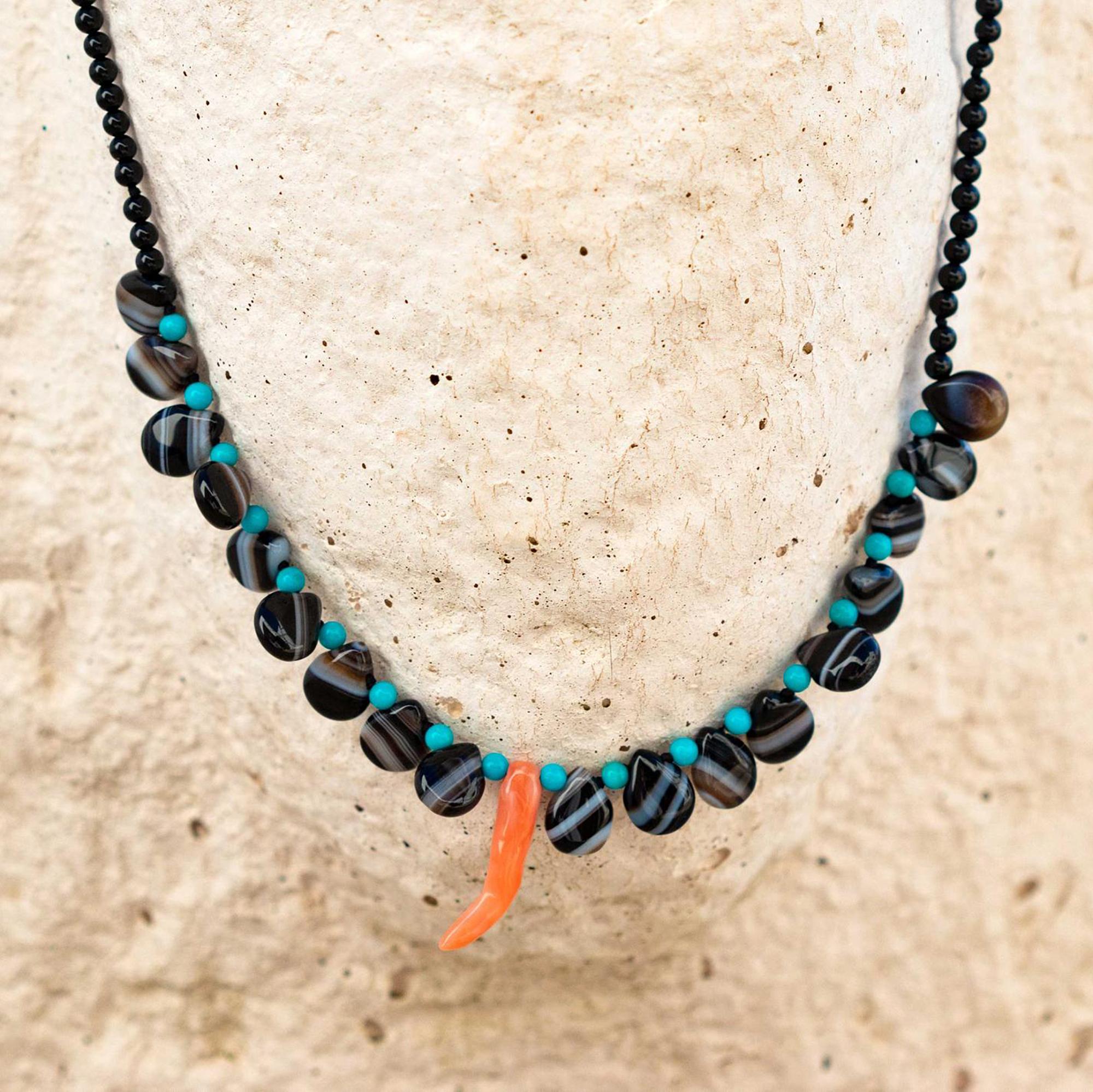 Modern Black Agate Turquoise Horn Red Coral Pendant Handmade Chic Boho Beaded Necklace For Sale