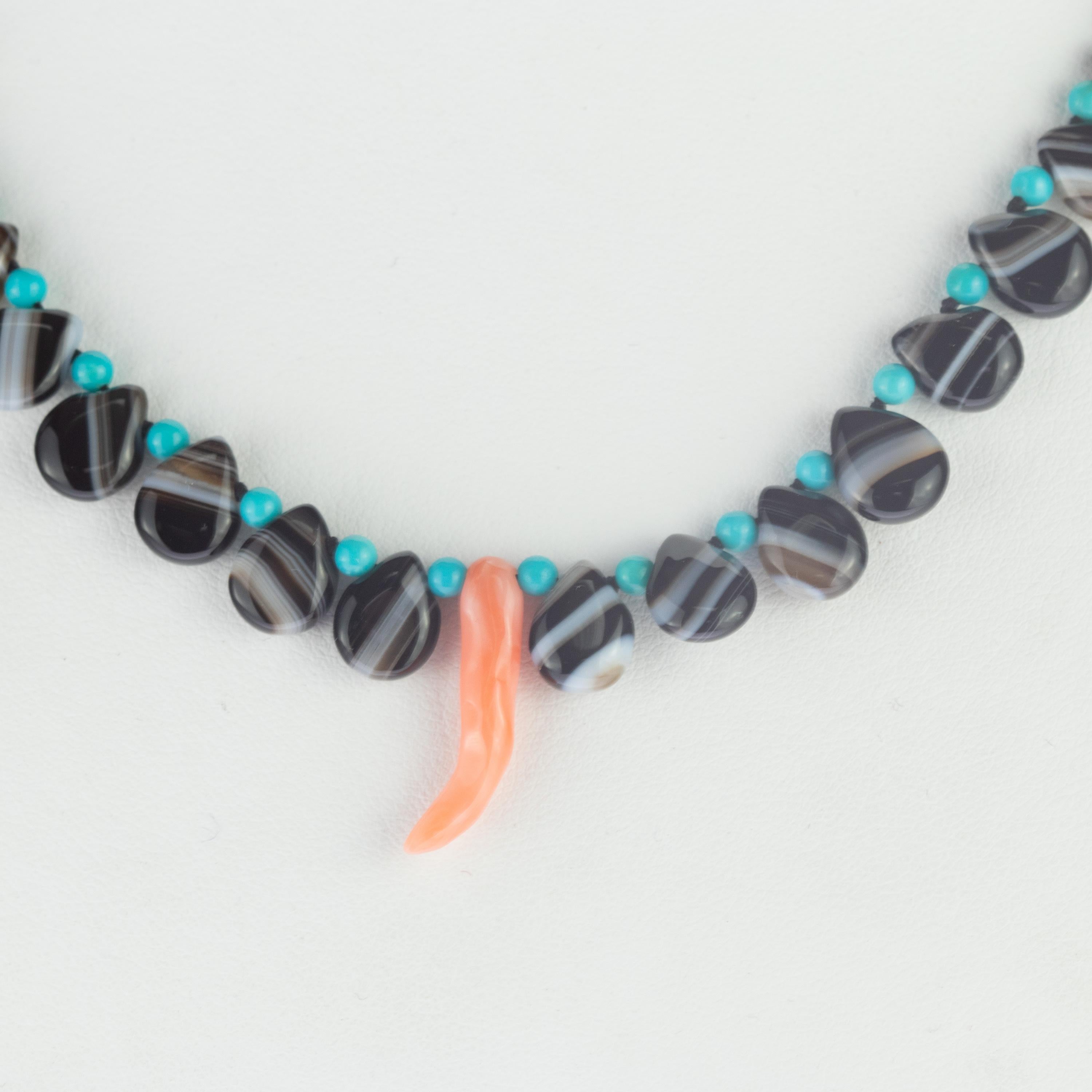 Mixed Cut Black Agate Turquoise Horn Red Coral Pendant Handmade Chic Boho Beaded Necklace For Sale